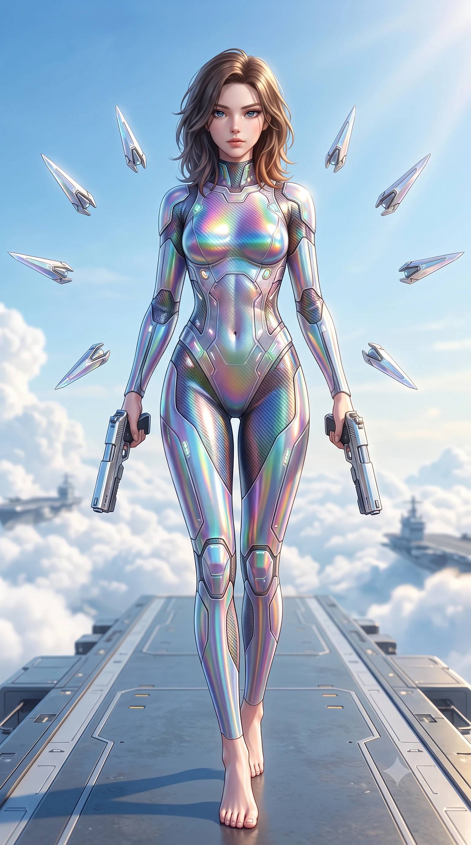 score_9, masterpiece, best quality, ultra-detailed, high-budget anime keyframe, semi-realistic 3D game render, editorial fashion photography, tasteful artistic composition, Korean woman. low angle full-body shot from head to toe showing her feet, filling the entire 9:16 vertical frame with her statuesque presence, stretching her vertical silhouette. pivoting dynamically in mid-motion with a breathtakingly alluring posture, displaying her flawless model proportions, toned flat midriff, and ultra-slim waist while striding commanding down the flight deck of a flying super-carrier above the clouds as eight floating nano-crystal funnel blades orbit her. The composition keeps background elements in soft focus with creamy bokeh. billowing white cloud seas and distant carrier escorts blurred into clean, high-key sky-blue and gold bokeh. She has an absolutely perfect, statuesque 8.5-heads proportion, an exceptionally tall and slender model-like female figure with impossibly long slender legs, a toned flat midriff, and an ultra-slim waist. sharp v-shaped jawline, high-bridge nose, intricate jewel-like eyes with depth, thick eyelashes, glossy lips with a natural sheen, flawlessly proportioned anatomical accuracy, strict slender model proportions, natural body alignment, perfectly sculpted long slender limbs, ultra-slim waistline, clean dynamic posture without body distortion. wearing a high-gloss iridescent rainbow carbon-weave bodysuit with translucent cybernetic panels, brandishing dual sleek chrome particle beam pistols in a dynamic combat stance in high-gloss iridescent rainbow carbon with prism holographic sheen, formed from high-gloss patent carbon-plating with specular chiaroscuro reflections, featuring a sleek aerodynamic collar framed by subtle glowing cybernetic status LEDs, the glove-like aerodynamic second-skin fit tightly clinging to her ultra-slender waist and athletic curves without adding bulk, accentuating her razor-sharp statuesque lines and slim hourglass silhouette. bathed in dazzling high-noon sunlight and rich sky-blue ambient bounce light. rich saturated anime colors with glowing neon highlights, detailed shading with soft gradients, rich glossy textures, high-contrast stereoscopic depth, volumetric dynamic lighting, master piece, 9:16 ratio
