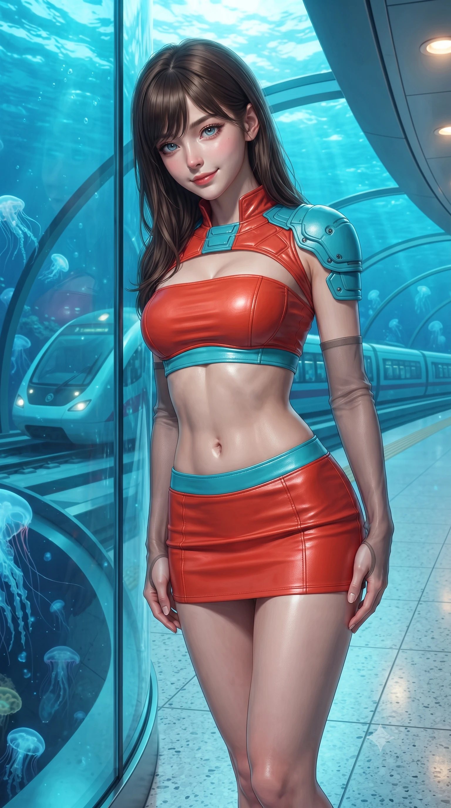 score_9, masterpiece, best quality, ultra-detailed, high-budget anime keyframe, editorial fashion photography, tasteful artistic composition, Korean woman. close-up cowboy shot from the waist and thighs up, the character dominates the composition, filling the frame with her large presence. tilting her head with a teasing half-smile, running one hand slowly down the side of her hip in a flirtatious S-curve as ambient light caresses her silhouette while leaning against the frameless glass partition with hips cocked back, watching high-speed aquatic trains glide through transparent tubes with smoldering bedroom-eyes. The surrounding environment is rendered in vivid detail and crisp panoramic clarity: sharp seamless curved glass tube joints, pristine white terrazzo platform tiles, and electric jellyfish tentacles in deep focus. She has an exceptionally elegant, slender, and willowy female figure with an ultra-slim waist, flat toned midriff, narrow ribcage, and sculpted feminine hips creating an alluring, slim hourglass silhouette without bulk. sharp v-shaped jawline, high-bridge nose, intricate jewel-like sparkling eyes with depth, thick eyelashes, glossy parted lips with a natural peach sheen, bright cheerful beaming smile with an enchanting and coquettish sensual glint, exuding both youthful cute charm and seductive allure, flawlessly proportioned anatomical accuracy, strict slender model proportions, natural body alignment, perfectly sculpted long slender limbs, ultra-slim waistline, clean dynamic posture without body distortion. wearing an ultra-cropped tactical tech-wear bandeau top with molded shoulder armor paired with a micro mini skirt revealing her flat toned midriff in cyber-shinto vermilion and laser turquoise, woven from buttery-soft stretch lambskin leather adhering to her body like a second skin, complemented by sheer opera-length evening gloves tracing her slender arms, the form-contouring silhouette accentuating her sculpted flat midriff, narrow delicate ribcage, and gracefully curvy hips with intoxicating allure. bathed in brilliant underwater cyan caustic ribbons combined with warm 2800K platform recessed downlights. ultra-reflective glossy finish, specular highlights, rich textural contrasts, high-contrast stereoscopic depth, volumetric dynamic lighting, 2k, ultra detail, master piece, 9:16 ratio