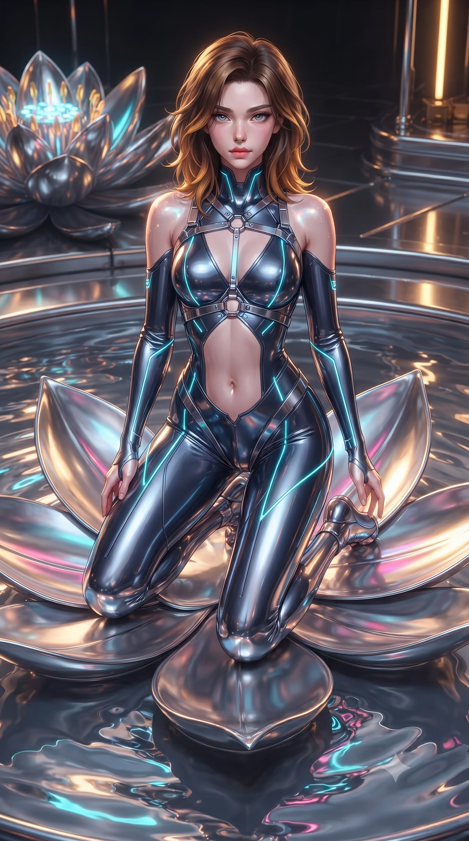 score_9, masterpiece, best quality, ultra-detailed, high-budget anime keyframe, editorial fashion photography, tasteful artistic composition, Korean woman. low angle full-body shot from head to toe showing her feet, filling the entire 9:16 vertical frame with her statuesque presence, stretching her vertical silhouette. striding forward with commanding supermodel grace, her 8.5-heads statuesque silhouette dominating the vertical frame from head to toe while kneeling gracefully on a metallic lotus petal as ripples of liquid mercury reflect brilliant neon light across her bare shoulders. The surrounding environment is rendered in vivid detail and crisp panoramic clarity. intricate cybernetic lotus stamen LEDs, polished chrome platform edges, and clear caustics in high clarity. She has an absolutely perfect, statuesque 8.5-heads proportion, an exceptionally tall and slender model-like female figure with impossibly long slender legs, a toned flat midriff, and an ultra-slim waist. sharp v-shaped jawline, high-bridge nose, intricate jewel-like eyes with depth, thick eyelashes, glossy lips with a natural sheen, flawlessly proportioned anatomical accuracy, strict slender model proportions, natural body alignment, perfectly sculpted long slender limbs, ultra-slim waistline, clean dynamic posture without body distortion. wearing a statuesque midnight cobalt and polished platinum bodysuit featuring sleek aerodynamic contour lines and glowing circuit accents in polished mirror chrome and glowing electric cyan neon, crafted from ultra-reflective second-skin liquid metal with a mirror-like polish, reinforced by a sleek metallic chrome harness and delicate glowing micro-straps, the precision-cut daring openings accentuating her delicate midriff, graceful bare collarbones, and ultra-slim feminine waistline. bathed in warm golden circuit lotus uplights and glittering liquid mercury caustics. ultra-reflective glossy finish, specular highlights, dark metallic sheen, high-contrast stereoscopic depth, volumetric dynamic lighting, 2k, ultra detail, master piece, 9:16 ratio