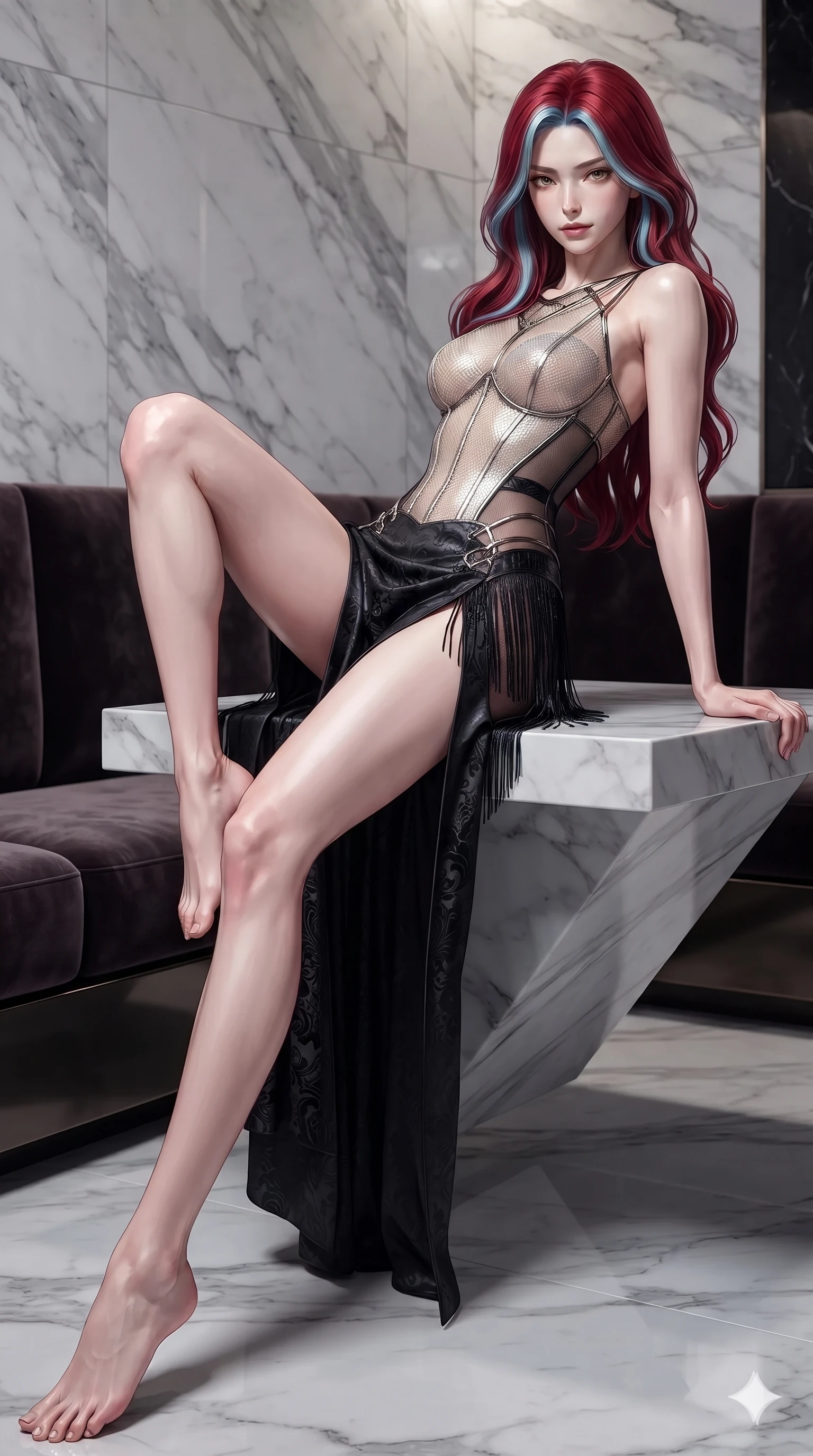 score_9, masterpiece, best quality, ultra-detailed, high-budget anime keyframe, editorial fashion photography, tasteful artistic composition, Caucasian woman. low angle full-body shot from head to toe showing her feet, filling the entire 9:16 vertical frame with her statuesque presence, stretching her vertical silhouette. reclining languidly across the velvet banquette with one knee bent and hips angled toward the camera, displaying her toned midriff and long slender limbs with effortless sensual charisma while perched sideways on the floating marble bench, one knee drawn up to showcase her slender leg line while her arched back accentuates her curves. The surrounding environment is rendered in vivid detail and crisp panoramic clarity: detailed asymmetric metallic gown tailoring, sheer mesh side panels, and Japanese minimalist design in razor-sharp precision. She has an exceptionally tall and slender model-like 8.5-heads proportion, an ultra-slim waist, a flat toned midriff, narrow delicate ribcage, and beautifully sculpted feminine hips creating a graceful, slim hourglass silhouette without any bulky heaviness, with impossibly long slender legs. sharp v-shaped jawline, high-bridge nose, intricate jewel-like dark sparkling eyes with dangerous depth, thick curled eyelashes, glossy parted lips with a rich wine sheen, smoldering seductive half-smile with bedroom-eyes, exuding effortless superiority and intoxicating dark allure, flawlessly proportioned anatomical accuracy, strict slender model proportions, natural body alignment, perfectly sculpted long slender limbs, ultra-slim waistline, clean dynamic posture without body distortion. wearing a translucent iridescent micro-mesh corset dress with wet-look second-skin cling tracing her feminine curves in celestial champagne ivory and high-gloss jet black, tailored from rich silk jacquard with subtle embossed baroque patterns, finished with delicate jet-black micro-fringe fluttering softly along her hips with each step, the bespoke structured tailoring following the natural line of her 8.5-heads silhouette with refined elegance. illuminated by mirror-polished marble floor bounce and sharp silver-topaz rim lights defining her razor-sharp jawline, narrow waist, and curvy hips. ultra-reflective glossy finish, specular highlights, rich textural contrasts, high-contrast stereoscopic depth, volumetric dynamic lighting, 2k, ultra detail, master piece, 9:16 ratio
