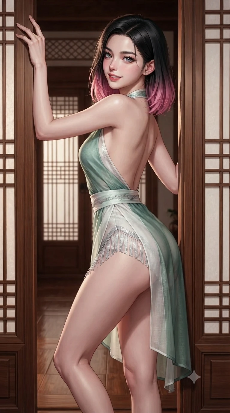 score_9, masterpiece, best quality, ultra-detailed, high-budget anime keyframe, editorial fashion photography, tasteful artistic composition, Korean woman. close-up cowboy shot from the waist and thighs up, the character dominates the composition, filling the frame with her large presence. twisting her slender torso in a deep contrapposto stance, hips dramatically shifted to accentuate her feminine curves while looking past her shoulder with smoldering bedroom-eyes while leaning against the polished timber doorframe with hips cocked back, looking through dark curled eyelashes with an enchanting smile. The surrounding environment is rendered in vivid detail and crisp panoramic clarity: sharp wood joinery seams on sliding screen frames, rice-paper texture, and polished timber floorboard gloss in deep focus. She has an exceptionally elegant, slender, and willowy female figure with an ultra-slim waist, flat toned midriff, narrow ribcage, and sculpted feminine hips creating an alluring, slim hourglass silhouette without bulk. sharp v-shaped jawline, high-bridge nose, sparkling eyes with hypnotic seductive depth, thick curled eyelashes, glossy parted lips with a natural dewy peach sheen, alluring bedroom-eyes with an enchanting coquettish smile, exuding magnetic siren charisma and sophisticated glamour, flawlessly proportioned anatomical accuracy, strict slender model proportions, natural body alignment, perfectly sculpted long slender limbs, ultra-slim waistline, clean dynamic posture without body distortion. wearing a liquid-tight backless silk halter leotard styled with a sheer wrap overskirt revealing her hip curve in moonlit jade green and pure alabaster white with silver accents, woven from bespoke Korean ramie fabric with crisp tactile slub texture, finished with delicate silk fringe trim fluttering along her hip line with kinetic charm, the liquid-tight tailored fabric clinging flawlessly to her narrow waist and rounded feminine hips, emphasizing every millimeter of her sculpted slim hourglass curves without any bulky heaviness. illuminated by timber floor bounce and sharp rose-gold rim lights defining her razor-sharp jawline, narrow waist, and curvy hips. ultra-reflective glossy finish, specular highlights, rich textural contrasts, high-contrast stereoscopic depth, volumetric dynamic lighting, 2k, ultra detail, master piece, 9:16 ratio