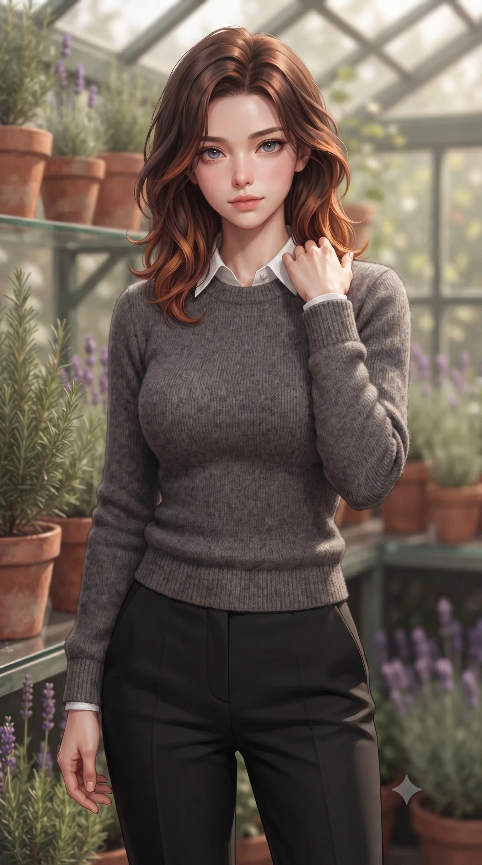 score_9, masterpiece, best quality, ultra-detailed, high-budget anime keyframe, editorial fashion photography, tasteful artistic composition, Korean woman woman. close-up cowboy shot from the waist and thighs up, the character dominates the composition, filling the frame with her large presence, background elements kept in soft focus. standing with one hand resting on her collarbone, looking at the viewer with bedroom-eyes the background shows a soft-focus a cozy garden greenhouse, surrounded by terracotta pots, rosemary, and lavender. She has an exceptionally elegant, slender, and willowy female figure with an ultra-slim waist, a gracefully sculpted slender torso, and a refined silhouette. sharp v-shaped jawline, high-bridge nose, intricate jewel-like eyes with depth, thick eyelashes, glossy lips with a natural sheen. wearing a body-hugging cozy charcoal grey knit sweater over a white collared shirt and black slacks. warm, diffused daylight creating a quiet and productive mood. ultra-reflective glossy finish, specular highlights, metallic sheen, high-contrast stereoscopic depth, volumetric dynamic lighting, 2k, ultra detail, master piece, 9:16 ratio