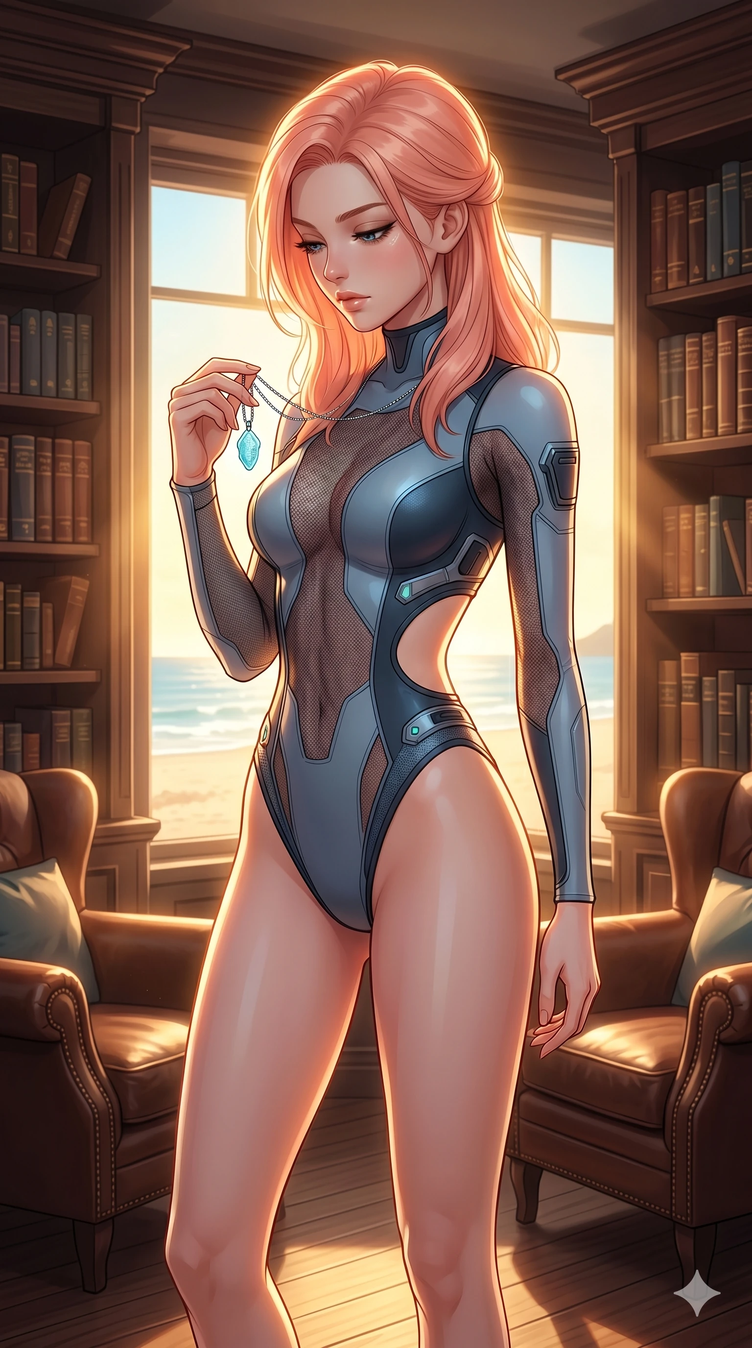 score_9, masterpiece, best quality, ultra-detailed, high-budget anime keyframe, editorial fashion photography, tasteful artistic composition, Japanese woman. cowboy shot from the thighs up, character and outfit filling the frame for maximum editorial presence. holding a sea-glass pendant, looking down with lowered lashes inside a cozy library lounge with windows showing a sunny beach (Code-P19-098). She has an absolutely perfect 8-heads proportion, an exceptionally tall and slender female figure with impossibly long slender legs and an ultra-slim waist. V-shaped jawline, high-bridge nose, intricate jewel-like eyes with depth, thick eyelashes, glossy lips with a natural sheen. wearing a neoprene cyber-suit featuring side cutouts and high-cut legs. bathed in warm golden afternoon sunbeams, casting a warm glowing aura on her. 2k, ultra detail, master piece, 9:16 ratio