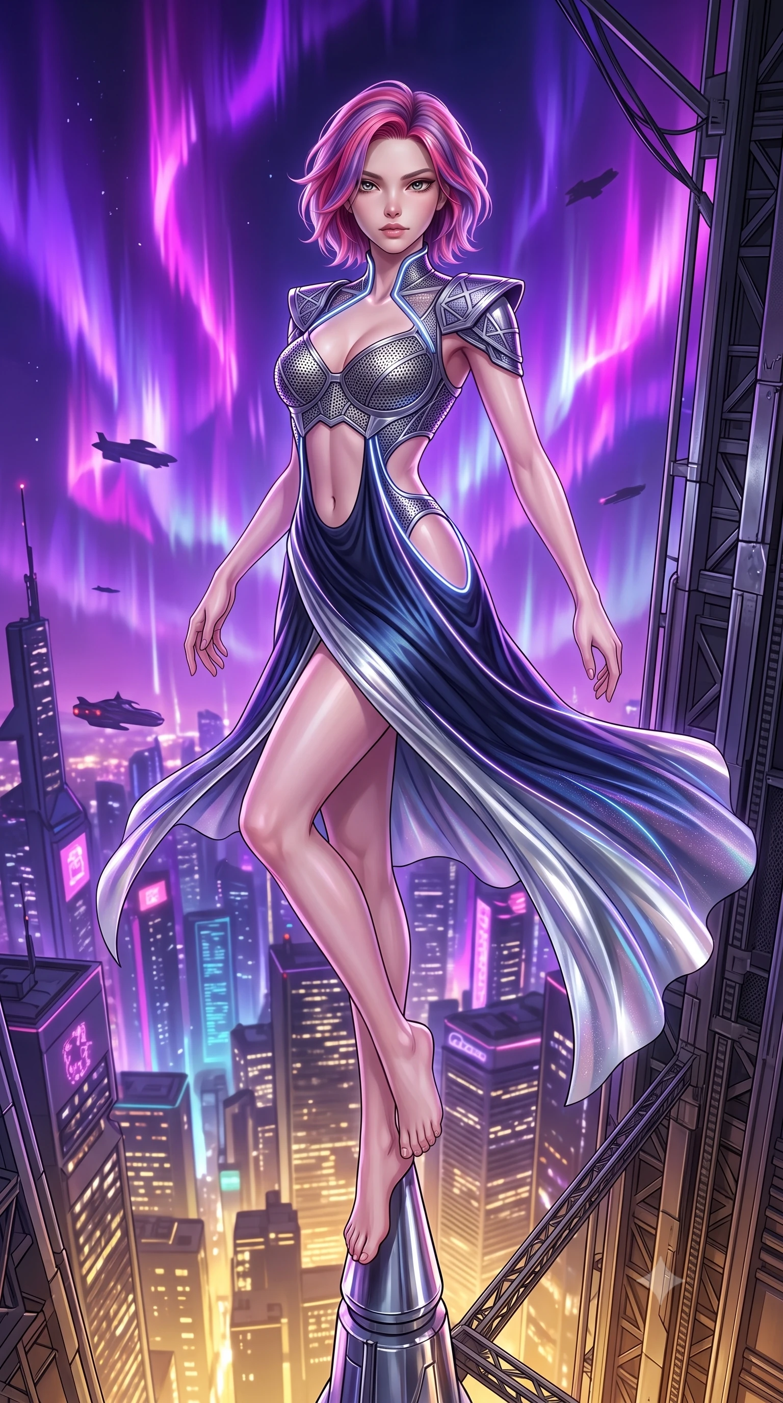 score_9, masterpiece, best quality, ultra-detailed, high-budget anime keyframe, editorial fashion photography, tasteful artistic composition, Caucasian woman. low angle full-body shot from head to toe showing her feet, filling the entire 9:16 vertical frame with her statuesque presence, stretching her vertical silhouette. arching her spine in a fluid zero-gravity turn with sovereign grace, her long slender legs and sculpted torso creating a sweeping line while standing with statuesque majesty on the extreme chrome spire tip of a 200-story skyscraper above a neon metropolis. The surrounding environment is rendered in vivid detail and crisp panoramic clarity. sharp plasma aurora curtain ripples, flying vehicle silhouettes, and textured metal gantry in high resolution. She has an absolutely perfect, statuesque 8.5-heads proportion, an exceptionally tall and slender model-like female figure with impossibly long slender legs, a toned flat midriff, and an ultra-slim waist. sharp v-shaped jawline, high-bridge nose, intricate jewel-like eyes with depth, thick eyelashes, glossy lips with a natural sheen, flawlessly proportioned anatomical accuracy, strict slender model proportions, natural body alignment, perfectly sculpted long slender limbs, ultra-slim waistline, clean dynamic posture without body distortion. wearing a structured titanium-mesh bustier with geometric shoulder pauldrons and an ultra-slender liquid jersey drape in deep midnight navy blue and pure starlight chrome, crafted from delicate iridescent organza interwoven with luminescent micro-fibers, accented with glowing fiber-optic seams tracing her collarbones and hip curves, the liquid-tight tailored fabric emphasizing every curve of her tall, slender model proportions and sculptured silhouette during dynamic movement. bathed in vivid violet and electric magenta plasma aurora backlighting with golden city ground bounce. ultra-reflective glossy finish, specular highlights, dark metallic sheen, high-contrast stereoscopic depth, volumetric dynamic lighting, 2k, ultra detail, master piece, 9:16 ratio