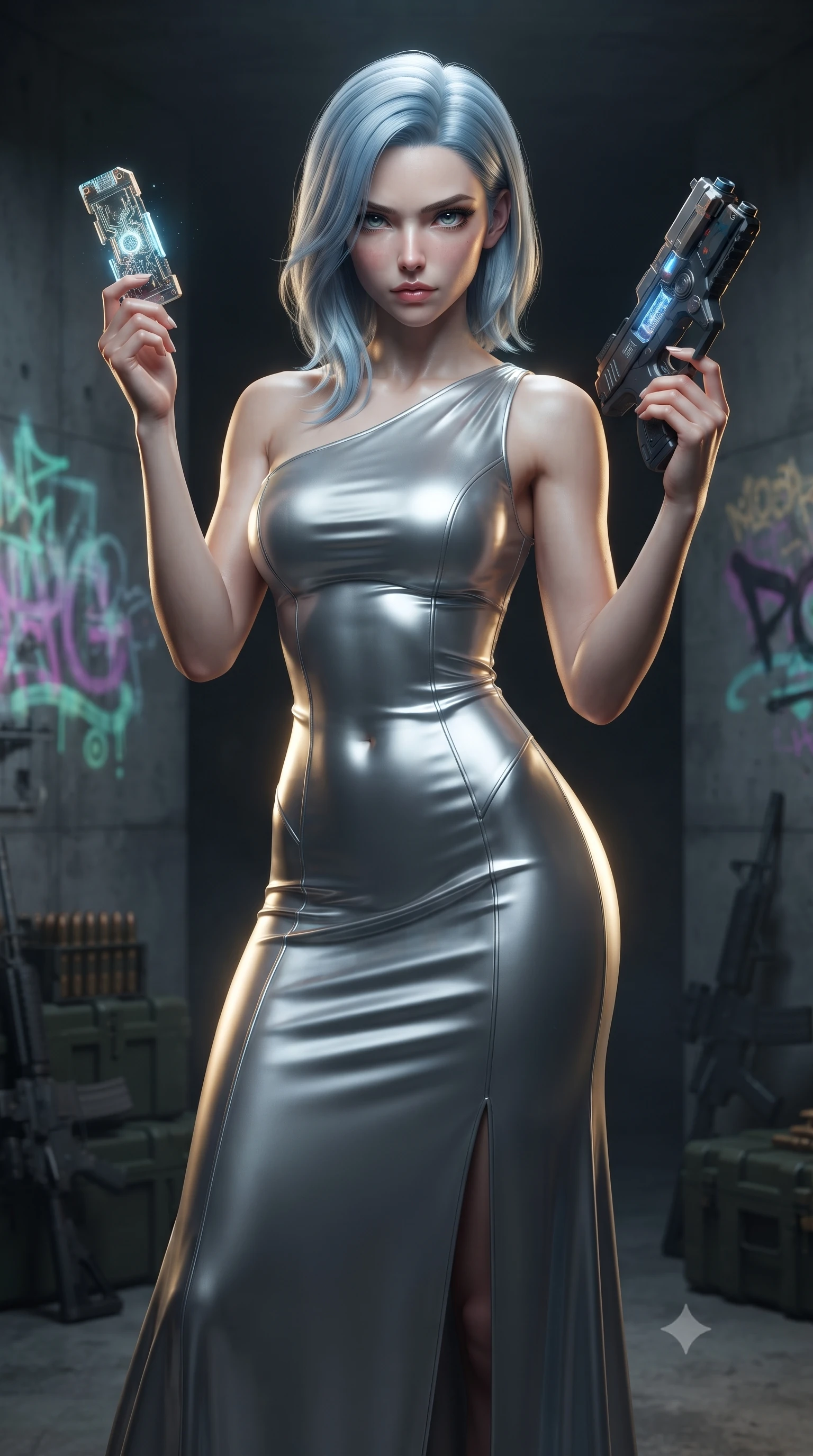 score_9, masterpiece, best quality, ultra-detailed, high-budget anime keyframe, editorial fashion photography, tasteful artistic composition, realistic cosplay photography, Korean woman. close-up cowboy shot from the waist and thighs up, the character dominates the composition, filling the frame with her large presence, background elements kept in soft focus. Holding a glowing data drive aloft while reloading a futuristic plasma pistol, ready for the next wave. set against a soft-focus background of a concrete bunker decorated with holographic graffiti, with ammunition crates and tech rifles stacked in corners. She has an exceptionally elegant and slender, willowy female figure with an ultra-slim waist, a gracefully sculpted slender torso, and a refined slim physique. sharp v-shaped jawline, high-bridge nose, intricate jewel-like eyes with depth, thick eyelashes, glossy lips with a natural sheen. wearing tailored for maximum mobility, sleek form-contouring panels that allow fluid movement, a body-hugging liquid silver asymmetric one-shoulder gown that clings to her slender frame, cascading down to a floor-length hem. dramatic chiaroscuro with a single golden key light sculpting her silhouette. ultra-reflective glossy finish, specular highlights, metallic sheen, high-contrast stereoscopic depth, volumetric dynamic lighting, 2k, ultra detail, master piece, 9:16 ratio