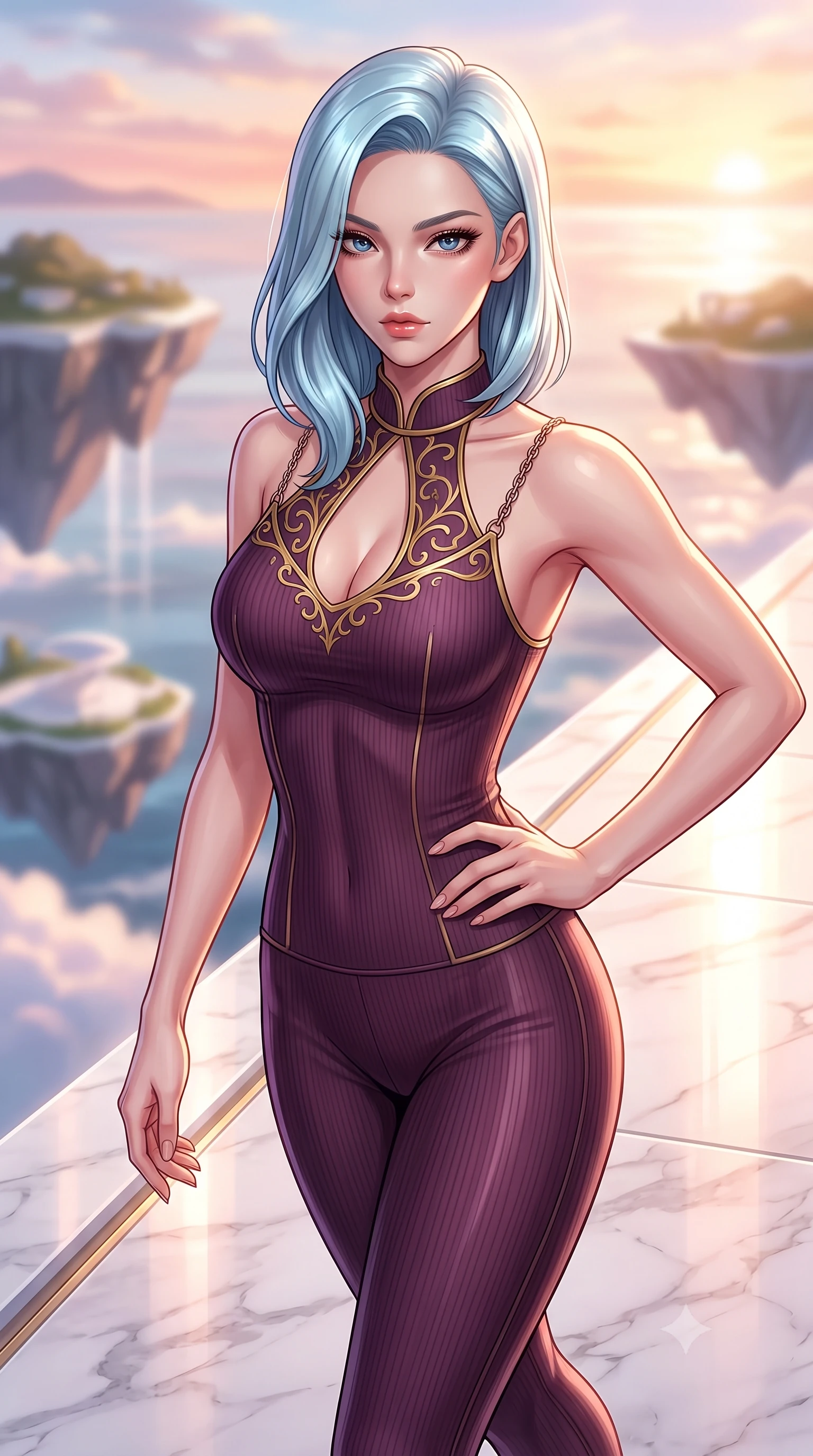 score_9, masterpiece, best quality, ultra-detailed, high-budget anime keyframe, editorial fashion photography, tasteful artistic composition, Korean woman. close-up cowboy shot from the waist and thighs up, the character dominates the composition, filling the frame with her large presence, background elements kept in soft focus. Holding a powerful dynamic pose with one hand on her hip and body angled dramatically toward the key light while stepping along a cloudtop platinum terrace suspended between flying hydro-islands, soft rose-gold and amber sunset light reflecting off polished white marble. She has an exceptionally elegant, slender, and willowy female figure with an ultra-slim waist, a gracefully sculpted slender torso, and a refined silhouette. sharp v-shaped jawline, high-bridge nose, intricate jewel-like eyes with depth, thick eyelashes, glossy lips with a natural sheen, flawlessly proportioned anatomical accuracy, natural body alignment, perfectly sculpted elegant limbs, clean dynamic posture without body distortion. wearing a form-fitting ribbed activewear set with elegant collar cutouts in plum purple and gold filigree, formed from sleek second-skin neoprene, adorned with delicate metallic chain straps along the neckline, the elegant draped fit framing her graceful clavicle and slender torso. surrounded by a bright, luxurious aura of warm sunshine and sky reflections. highly saturated vibrant anime colors, detailed shading with soft gradients, rich glossy textures, high-contrast stereoscopic depth, volumetric dynamic lighting, master piece, 9:16 ratio