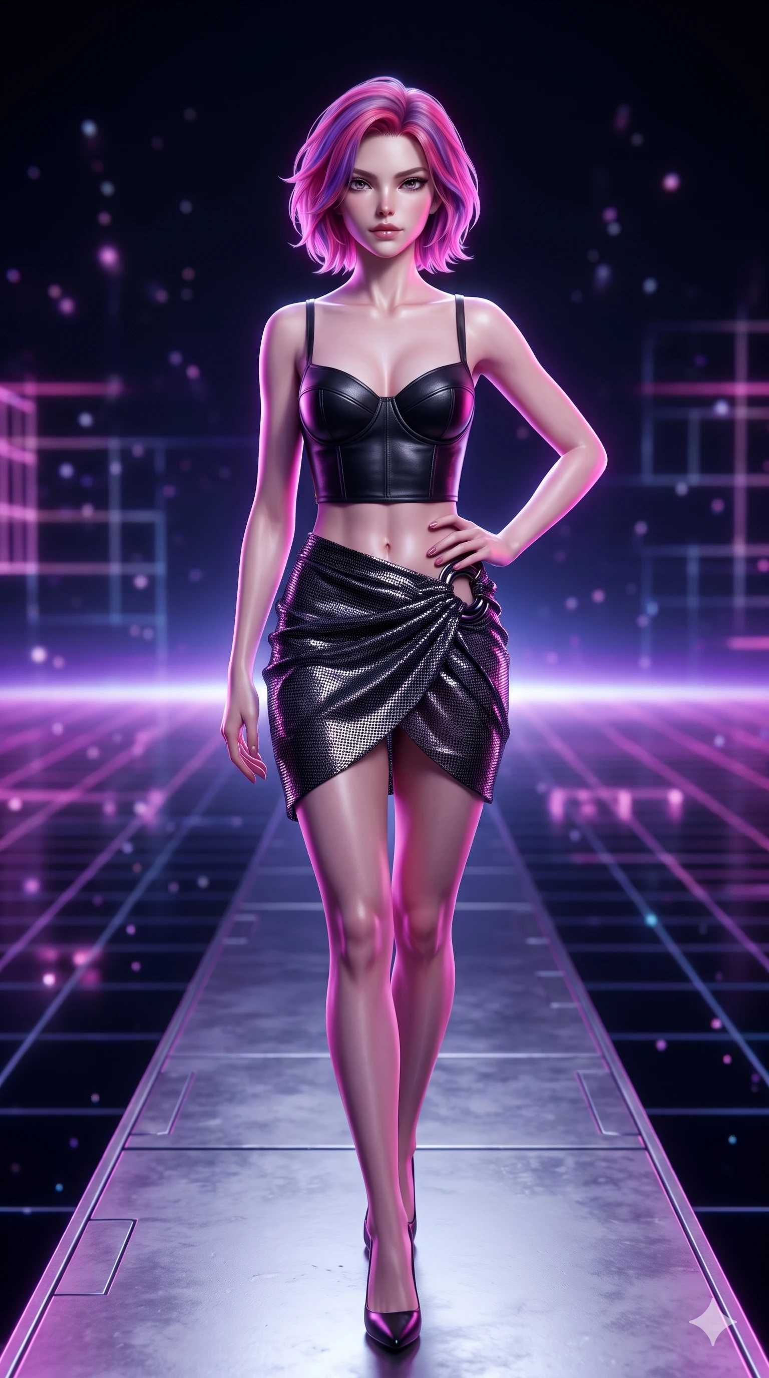 score_9, masterpiece, best quality, ultra-detailed, high-budget anime keyframe, semi-realistic 3D game render, editorial fashion photography, tasteful artistic composition, Caucasian woman. close-up cowboy shot from the waist and thighs up, the character dominates the composition, filling the frame with her large presence. holding a confident power pose with one hand on her hip, looking into the lens with smoldering intensity while striding confidently along the floating monolithic platform, her long slender legs and hourglass hips commanding the infinite cyber void. The background shows a soft-focus abstract cyber-space void softened in digital horizon shallow focus. She has an exceptionally elegant, slender, and willowy female figure with an ultra-slim waist, flat toned midriff, narrow ribcage, and sculpted feminine hips creating an alluring, slim hourglass silhouette without bulk. sharp v-shaped jawline, high-bridge nose, intricate jewel-like dark sparkling eyes with hypnotic seductive depth, thick curled eyelashes, glossy parted lips with a natural wine sheen, alluring bedroom-eyes with an enigmatic smoldering smile, exuding magnetic sovereign charisma and dark avant-garde glamour, flawlessly proportioned anatomical accuracy, strict slender model proportions, natural body alignment, perfectly sculpted long slender limbs, ultra-slim waistline, clean dynamic posture without body distortion. wearing a structured underwire leather bustier top paired with an ultra-short draped wrap mini skirt in pure obsidian monochrome with subtle metallic sheen, crafted from stretch micro-mesh with metallic foil coating that shimmers in the laser light, accented with sculpted obsidian chrome rings at the waist, the bespoke structured tailoring following the natural line of her 8.5-heads silhouette with refined elegance. illuminated by floating neon grid upward bounce and sharp ultraviolet rim lights defining her razor-sharp jawline, narrow waist, and curvy hips. highly saturated vibrant anime colors, detailed shading with soft gradients, rich glossy textures, high-contrast stereoscopic depth, volumetric dynamic lighting, master piece, 9:16 ratio