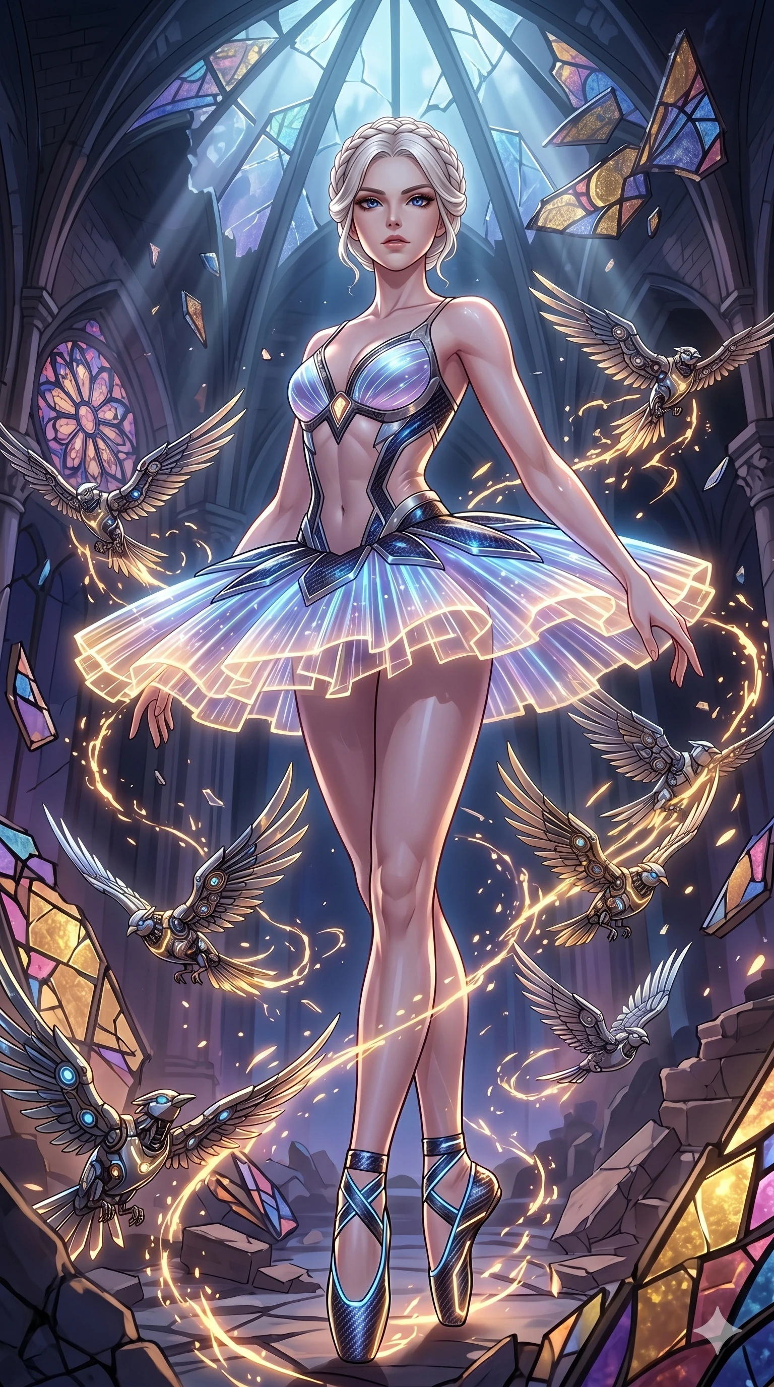 score_9, masterpiece, best quality, ultra-detailed, Set A: High-budget Anime Keyframe, Caucasian (strictly human ears) woman. Low angle cowboy shot filling the entire 9:16 frame with her statuesque presence. Standing victoriously through a shattered glass cathedral, surrounded by a whirlwind of 222 mechanical birds and surrounded by glowing energy sparks. She has an absolutely perfect 8-heads proportion, an exceptionally tall and slender female figure with impossibly long slender legs and an ultra-slim waist. Sharp v-shaped jawline, high-bridge nose, intricate jewel-like eyes with depth, thick eyelashes, glossy lips with a natural sheen. Wearing Futuristic ballet outfit with a glowing tutu and carbon-fiber pointe shoes. Cinematic lighting, vibrant colors, dramatic shadows, 2k, ultra detail, master piece, 9:16 ratio