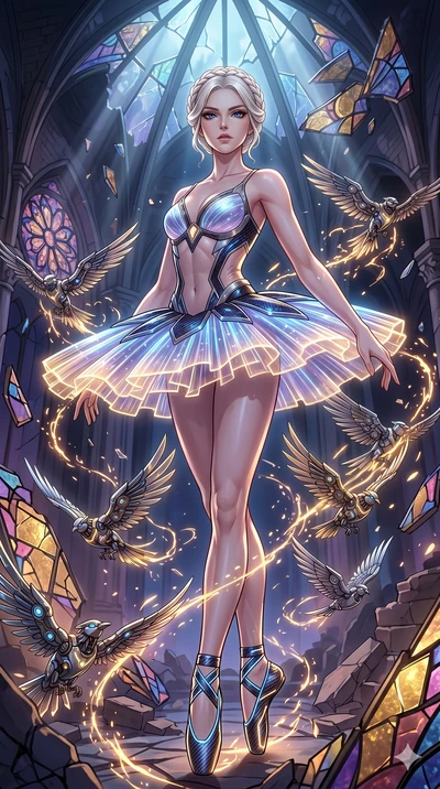 score_9, masterpiece, best quality, ultra-detailed, Set A: High-budget Anime Keyframe, Caucasian (strictly human ears) woman. Low angle cowboy shot filling the entire 9:16 frame with her statuesque presence. Standing victoriously through a shattered 