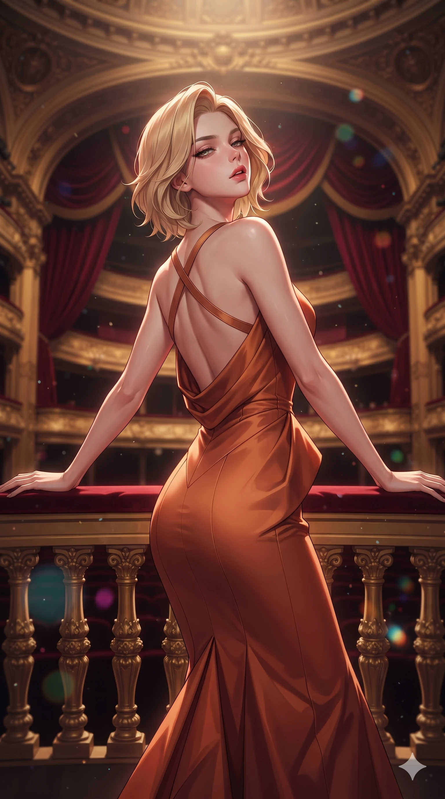 score_9, masterpiece, best quality, ultra-detailed, high-budget anime keyframe, semi-realistic 3D game render, editorial fashion photography, tasteful artistic composition, Caucasian woman. close-up cowboy shot from the waist and thighs up, the character dominates the composition, filling the frame with her large presence. leaning back against the balustrade with relaxed seductive grace, head tilted back slightly while casting a hypnotic, heavy-lidded gaze while standing poised at the center of the dark lacquered stage beneath monumental gilded proscenium arches, arching her back with sovereign diva charisma as theatrical spotlights converge. The composition keeps background elements in soft focus with creamy bokeh: tiered gilded opera tiers rising into the shadowed dome, monumental crimson velvet curtains, and floating stage dust motes blurred into ruby, gold, and indigo bokeh. She has an exceptionally elegant, slender, and willowy female figure with an ultra-slim waist, flat toned midriff, narrow ribcage, and sculpted feminine hips creating an alluring, slim hourglass silhouette without bulk. sharp v-shaped jawline, high-bridge nose, intricate jewel-like eyes with depth, thick eyelashes, glossy parted lips with a natural sheen, intensely captivating and seductive bedroom-eyes expression, flawlessly proportioned anatomical accuracy, strict slender model proportions, natural body alignment, perfectly sculpted long slender limbs, ultra-slim waistline, clean dynamic posture without body distortion. wearing a sculpted mermaid silhouette evening gown in duchess satin with a low cowl back and floor-trailing hem in warm Tuscan ochre and terracotta sienna, tailored from heavy Italian silk mikado with an architectural structured drape, finished with criss-cross back satin straps highlighting her graceful shoulder blades, the second-skin form-contouring cut accentuating her sculpted flat midriff, narrow delicate ribcage, and gracefully curvy hips with supermodel precision. highly saturated vibrant anime colors, dramatic stage rim lights sculpting her razor-sharp jawline and feminine curves. highly saturated vibrant anime colors, detailed shading with soft gradients, rich glossy textures, high-contrast stereoscopic depth, volumetric dynamic lighting, master piece, 9:16 ratio