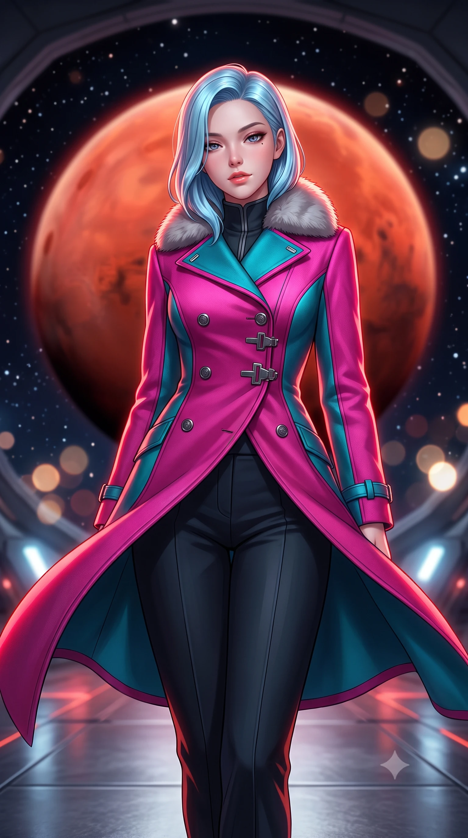 score_9, masterpiece, best quality, ultra-detailed, high-budget anime keyframe, semi-realistic 3D game render, editorial fashion photography, tasteful artistic composition, Korean woman. close-up cowboy shot from the waist and thighs up, the character dominates the composition, filling the frame with her large presence. leaning forward while arching her lower back to accentuate her curvy hips, looking into the camera with an intoxicating smoldering gaze and bedroom-eyes while standing poised inside the cavernous crater hangar opening directly onto the airless void, arching her lower back with commanding presence as the gigantic ochre disk of Mars looms above. The background shows a soft-focus gigantic curved red-and-white globe of Mars filling the view, countless stars in the black vacuum, and docking shuttle thrusters blurred into rust, white, and topaz bokeh. She has an exceptionally elegant, slender, and willowy female figure with an ultra-slim waist, flat toned midriff, narrow ribcage, and sculpted feminine hips creating an alluring, slim hourglass silhouette without bulk. sharp v-shaped jawline, high-bridge nose, intricate jewel-like sparkling eyes with depth, thick eyelashes, glossy parted lips with a natural peach sheen, bright cheerful beaming smile with an enchanting and coquettish sensual glint, exuding both youthful cute charm and seductive allure, flawlessly proportioned anatomical accuracy, strict slender model proportions, natural body alignment, perfectly sculpted long slender limbs, ultra-slim waistline, clean dynamic posture without body distortion. wearing a futuristic double-breasted arctic combat officer greatcoat with thermal fur-lined collar and tailored wool trousers in Kowloon neon magenta and electric teal, crafted from bespoke double-faced cashmere with an exceptionally soft tactile finish, finished with sleek magnetic buckle closures fluttering in the breeze, the impeccably tailored cut draping gracefully along her slender figure with aristocratic poise. illuminated by titanium floor reflection bounce and sharp Mars-red rim lights defining her jawline, narrow waist, and curvy hips. highly saturated vibrant anime colors, detailed shading with soft gradients, rich glossy textures, high-contrast stereoscopic depth, volumetric dynamic lighting, master piece, 9:16 ratio