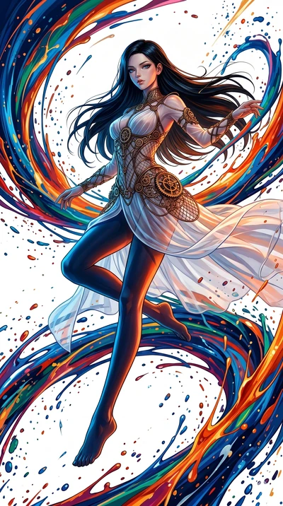 score_9, masterpiece, best quality, ultra-detailed, high-budget anime keyframe, Caucasian woman, strictly human ears. low angle full-body shot filling the entire 9:16 frame with her statuesque presence, stretching the vertical silhouette. leaping int
