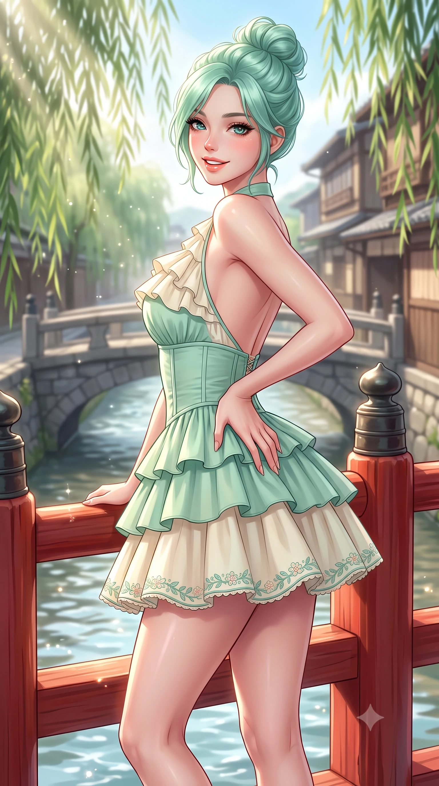 score_9, masterpiece, best quality, ultra-detailed, high-budget anime keyframe, semi-realistic 3D game render, editorial fashion photography, tasteful artistic composition, Japanese woman. close-up cowboy shot from the waist and thighs up, the character dominates the composition, filling the frame with her large presence. twisting her slender torso in an alluring contrapposto stance, one hand resting on her sculpted hip while flashing a radiant, playful smile with parted glossy lips while leaning against the red-lacquered wooden bridge railing with hips cocked back, looking over a bare shoulder with shy yet deliciously coquettish eyes. The composition keeps background elements in soft focus with dreamy creamy bokeh. rippling shallow canal waters and stone bridge arches softened in poetic Kyoto shallow focus. She has an exceptionally elegant, slender, and willowy female figure with an ultra-slim waist, flat toned midriff, narrow ribcage, and sculpted feminine hips creating an alluring, slim hourglass silhouette without bulk. sharp v-shaped jawline, high-bridge nose, intricate jewel-like sparkling eyes with depth, thick eyelashes, glossy parted lips with a natural peach sheen, bright cheerful beaming smile with an enchanting and coquettish sensual glint, exuding both youthful cute charm and seductive allure, flawlessly proportioned anatomical accuracy, strict slender model proportions, natural body alignment, perfectly sculpted long slender limbs, ultra-slim waistline, clean dynamic posture without body distortion. wearing a tiered ruffled chiffon mini dress with a fitted corseted waist and open back in refreshing mint green and soft vanilla cream, tailored from crisp cotton poplin with clean structural lines, complemented by delicate embroidered floral trim along the hem, the glove-like silhouette tightly following the natural contour of her hips and long slender legs with youthful 8.5-heads elegance. bathed in soft, sparkling morning sunbeams filtering through willow fronds onto the canal. highly saturated vibrant anime colors, detailed shading with soft gradients, rich glossy textures, high-contrast stereoscopic depth, volumetric dynamic lighting, master piece, 9:16 ratio