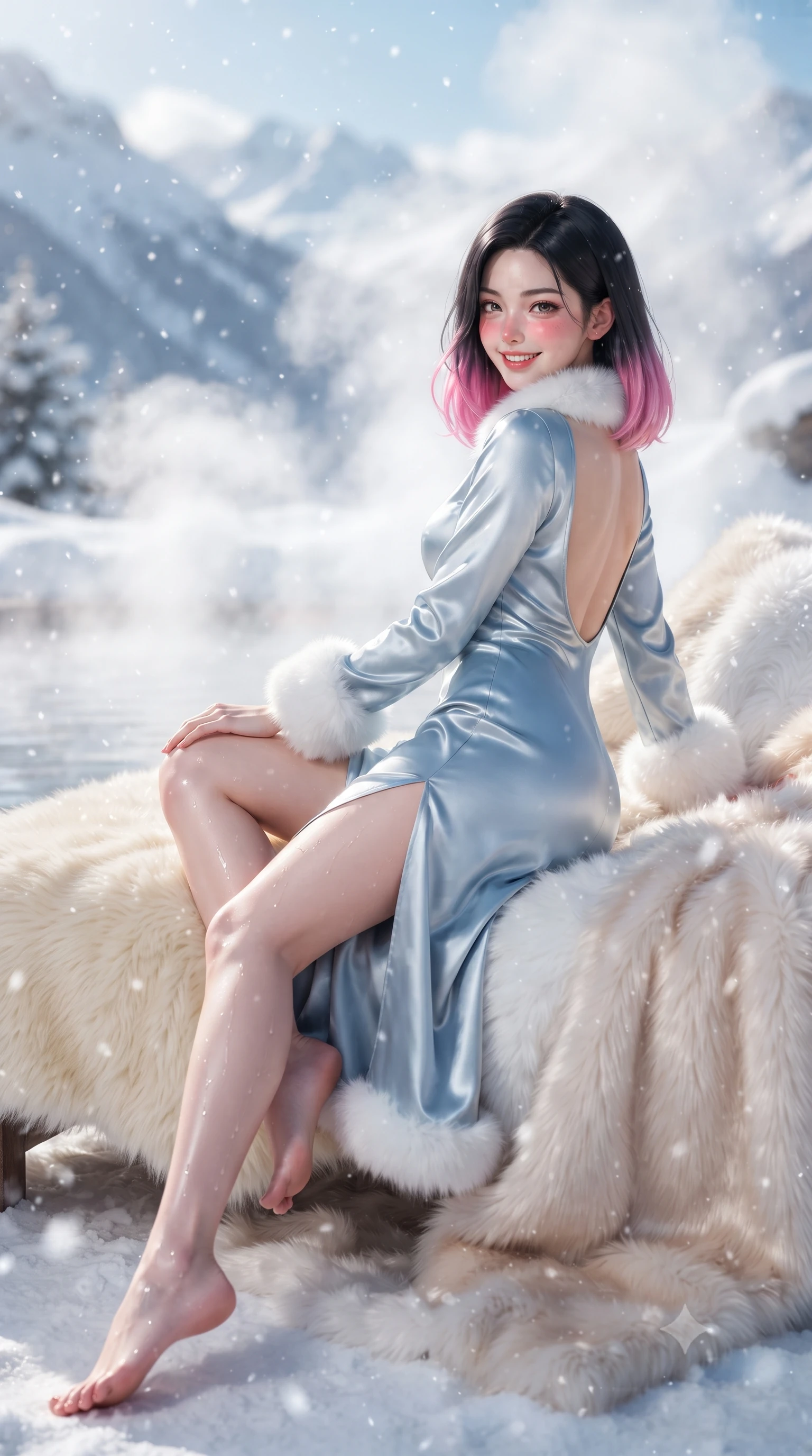 score_9, masterpiece, best quality, ultra-detailed, high-budget anime keyframe, editorial fashion photography, tasteful artistic composition, Korean woman. low angle full-body shot from head to toe showing her feet, filling the entire 9:16 vertical frame with her statuesque presence, stretching her vertical silhouette. reclining languidly on her side across the fur-draped daybed with one knee drawn up, her radiant smile and arched hip curve commanding the 9:16 vertical frame with youthful sensual charisma while twisting her slender torso in an alluring contrapposto stance beside the thermal water, snow crystals and water caustics highlighting her narrow waist and curvy hips. The composition keeps background elements in soft focus with dreamy creamy bokeh. thick rising thermal steam clouds and falling snowflakes softened in dreamy Swiss alpine shallow focus. She has an exceptionally tall and slender model-like 8.5-heads proportion, an ultra-slim waist, a flat toned midriff, narrow delicate ribcage, and beautifully sculpted feminine hips creating a graceful, slim hourglass silhouette without any bulky heaviness, with impossibly long slender legs. sharp v-shaped jawline, high-bridge nose, sparkling ice-crystal eyes with depth, frosty thick lashes, glossy parted lips with a rosy berry sheen, bright playful smile with an intoxicating seductive glint, rosy flushed cheeks radiating cozy warmth and dangerous allure, flawlessly proportioned anatomical accuracy, strict slender model proportions, natural body alignment, perfectly sculpted long slender limbs, ultra-slim waistline, clean dynamic posture without body distortion. wearing a backless ice-blue silk satin slip dress with a faux-fur trimmed hem and thigh-high side slit in soft winter cream and pale champagne gold, tailored from fine lightweight merino wool rib knit with structural contouring, finished with plush white faux-fur edging along the cuffs and collar, the precision-cut side openings and low-back scoop framing her graceful spine and the sensual sweep of her slim, toned hips. bathed in brilliant alpine winter sunbeams reflecting off pristine snowfields with crystal clarity. ultra-reflective glossy finish, specular highlights, rich textural contrasts, high-contrast stereoscopic depth, volumetric dynamic lighting, 2k, ultra detail, master piece, 9:16 ratio