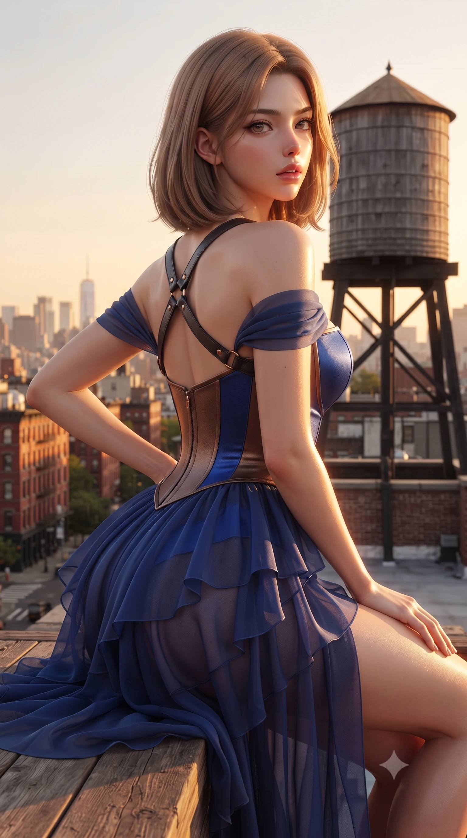 score_9, masterpiece, best quality, ultra-detailed, high-budget anime keyframe, editorial fashion photography, tasteful artistic composition, Korean woman. close-up cowboy shot from the waist and thighs up, the character dominates the composition, filling the frame with her large presence. posing in an alluring rear three-quarter angle, arching her lower back in a pronounced S-curve with one hand on her hip, glancing seductively over her bare shoulder with parted glossy lips while sitting perched on the rustic cedar timber deck beside an iconic wooden water tower, arching her lower back as sunset paints Manhattan gold. The surrounding environment is rendered in vivid detail and crisp panoramic clarity. detailed satin dress texture, golden sunset specular highlights on skin, and SoHo street grid clarity in high resolution. She has an exceptionally elegant, slender, and willowy female figure with an ultra-slim waist, flat toned midriff, narrow ribcage, and sculpted feminine hips creating an alluring, slim hourglass silhouette without bulk. sharp v-shaped jawline, high-bridge nose, intricate jewel-like eyes with depth, thick eyelashes, glossy parted lips with a natural sheen, intensely captivating and seductive bedroom-eyes expression, flawlessly proportioned anatomical accuracy, strict slender model proportions, natural body alignment, perfectly sculpted long slender limbs, ultra-slim waistline, clean dynamic posture without body distortion. wearing an off-shoulder French court corset bodice dress paired with a tiered translucent chiffon slit skirt in royal sapphire blue and liquid bronze, tailored from water-resistant treated wool gabardine and flexible stretch silk, featuring an open-back criss-cross harness strap in dark leather, the form-contouring material adhering flawlessly to her sculpted flat midriff and slender torso, emphasizing her long leg lines and perfectly proportioned willowy build. illuminated by crisp directional sunset rays sharply defining her sculpted collarbones, ultra-slim waist, and curvy hips. ultra-reflective glossy finish, specular highlights, rich textural contrasts, high-contrast stereoscopic depth, volumetric dynamic lighting, 2k, ultra detail, master piece, 9:16 ratio