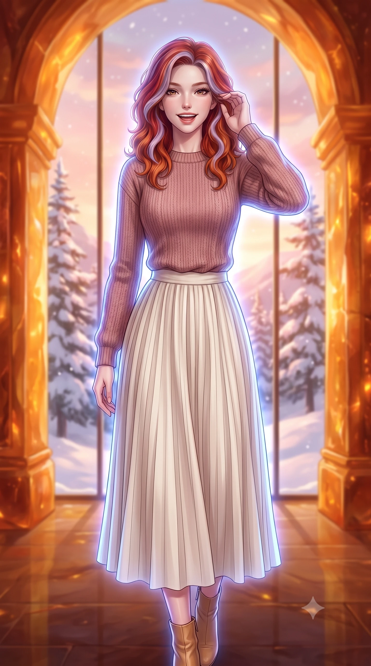 score_9, masterpiece, best quality, ultra-detailed, high-budget anime keyframe, editorial fashion photography, tasteful artistic composition, Caucasian woman, strictly human ears. close-up cowboy shot from the waist and thighs up, the character dominates the composition, filling the frame with her large presence, background elements kept in soft focus. Laughing softly while brushing a strand of hair behind her ear. set against a soft-focus background of standing inside a grand corridor of a palace made entirely of warm fossilized amber in a snowy pine mountain valley, glowing from within during a winter sunset. She has an exceptionally elegant, slender, and willowy female figure with a highly-defined ultra-slim waist, a gracefully sculpted slender torso, and a refined slim-fit silhouette that contours her form. sharp v-shaped jawline, high-bridge nose, intricate jewel-like eyes with depth, thick eyelashes, glossy lips with a natural sheen. wearing a dusty rose knit sweater paired with a flowing ivory pleated midi skirt and tan ankle boots. cool ethereal blue-violet bioluminescent glow wrapping around her from all sides. 2k, ultra detail, master piece, 9:16 ratio