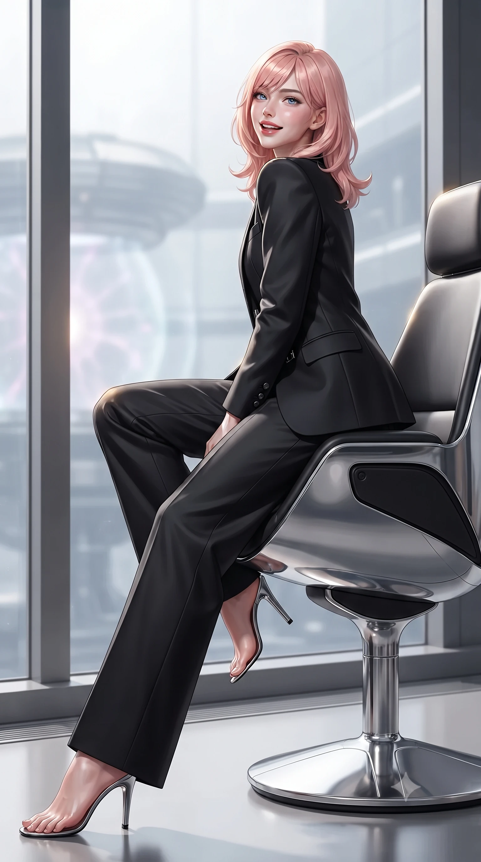 score_9, masterpiece, best quality, ultra-detailed, high-budget anime keyframe, editorial fashion photography, tasteful artistic composition, Japanese woman. low angle full-body shot from head to toe showing her feet, filling the entire 9:16 vertical frame with her statuesque presence, stretching her vertical silhouette. posing in a classic haute-couture S-curve stance beside the floor-to-ceiling window, looking over a bare shoulder with magnetic presence while sitting gracefully on the ergonomic captain chair with legs crossed, flashing an enchanting smile with parted glossy lips as light bends around her. The background shows a soft-focus plasma containment field hum softened in quantum singularity observation bridge shallow focus. She has an exceptionally tall and slender model-like 8.5-heads proportion, an ultra-slim waist, a flat toned midriff, narrow delicate ribcage, and beautifully sculpted feminine hips creating a graceful, slim hourglass silhouette without any bulky heaviness, with impossibly long slender legs. sharp v-shaped jawline, high-bridge nose, intricate jewel-like sparkling eyes with depth, thick eyelashes, glossy parted lips with a natural peach sheen, bright cheerful beaming smile with an enchanting and coquettish sensual glint, exuding both youthful cute charm and seductive allure, flawlessly proportioned anatomical accuracy, strict slender model proportions, natural body alignment, perfectly sculpted long slender limbs, ultra-slim waistline, clean dynamic posture without body distortion. wearing a bespoke Neo-Tokyo structured blazer with angular padded shoulders and wide-leg tailored tech-wool trousers in matte carbon fiber black and polished chrome, crafted from bespoke double-faced cashmere with an exceptionally soft tactile finish, finished with sleek magnetic buckle closures fluttering in the breeze, the impeccably tailored cut draping gracefully along her slender figure with aristocratic poise. illuminated by console screen bounce and sharp relativistic gold rim lights defining her razor-sharp jawline, narrow waist, and curvy hips. ultra-reflective glossy finish, specular highlights, rich textural contrasts, high-contrast stereoscopic depth, volumetric dynamic lighting, 2k, ultra detail, master piece, 9:16 ratio