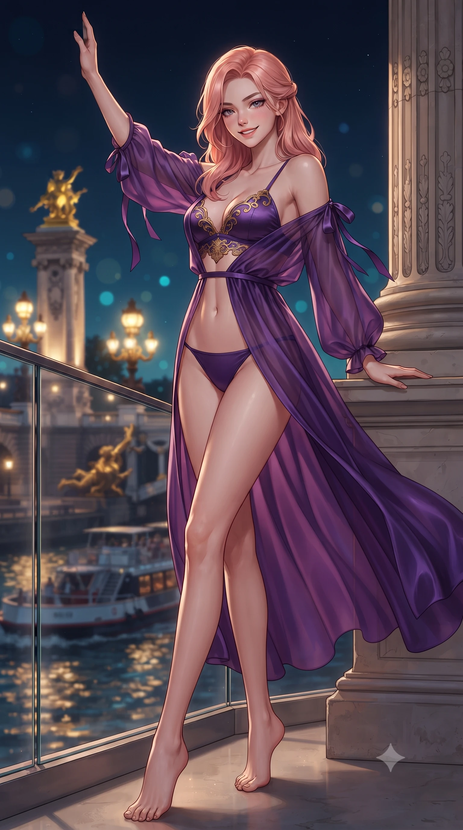 score_9, masterpiece, best quality, ultra-detailed, high-budget anime keyframe, editorial fashion photography, tasteful artistic composition, Japanese woman. low angle full-body shot from head to toe showing her feet, filling the entire 9:16 vertical frame with her statuesque presence, stretching her vertical silhouette. standing tall beside the architectural column, one hand resting high while arching her lower back to emphasize her sculpted feminine hips and slender waist while leaning against the frameless glass balustrade with hips cocked back, looking out over illuminated Seine bridges with smoldering eyes. The background shows a soft-focus gilded bronze statues of Pont Alexandre III ablaze with golden lamps, tourist riverboats passing below, and starry night sky blurred into electric gold, cyan, and obsidian bokeh. She has an exceptionally tall and slender model-like 8.5-heads proportion, an ultra-slim waist, a flat toned midriff, narrow delicate ribcage, and beautifully sculpted feminine hips creating a graceful, slim hourglass silhouette without any bulky heaviness, with impossibly long slender legs. sharp v-shaped jawline, high-bridge nose, intricate jewel-like sparkling eyes with depth, thick eyelashes, glossy parted lips with a natural peach sheen, bright cheerful beaming smile with an enchanting and coquettish sensual glint, exuding both youthful cute charm and seductive allure, flawlessly proportioned anatomical accuracy, strict slender model proportions, natural body alignment, perfectly sculpted long slender limbs, ultra-slim waistline, clean dynamic posture without body distortion. wearing a flowing gossamer silk organza boudoir peignoir slipping off one shoulder over a form-fitting satin bralette in rich royal amethyst purple and gilded filigree, made of fluid liquid jersey with seamless sculpting hold and smooth contours, finished with satin ribbon ties at the shoulders fluttering in the gentle breeze, the form-contouring silhouette accentuating her sculpted flat midriff, narrow delicate ribcage, and gracefully curvy hips with intoxicating allure. illuminated by water surface reflection bounce and sharp silver-gold rim lights sculpting her dewy collarbones, ultra-slim waist, and curvy hips. ultra-reflective glossy finish, specular highlights, rich textural contrasts, high-contrast stereoscopic depth, volumetric dynamic lighting, 2k, ultra detail, master piece, 9:16 ratio