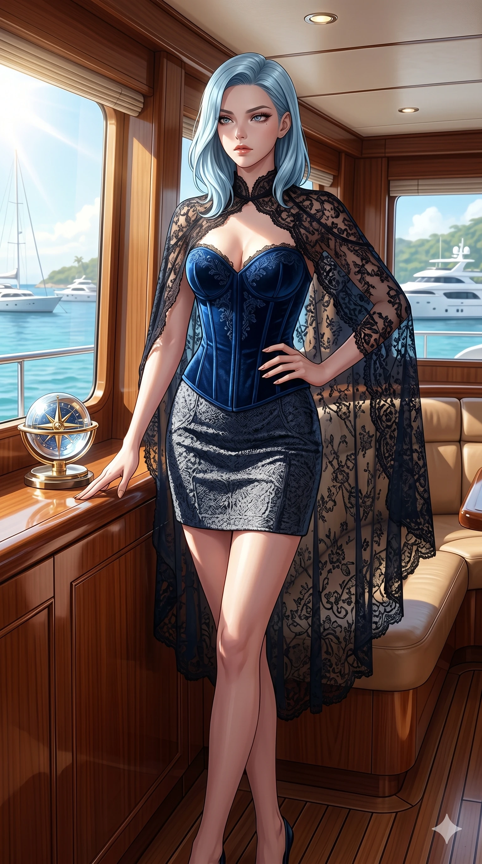 score_9, masterpiece, best quality, ultra-detailed, high-budget anime keyframe, editorial fashion photography, tasteful artistic composition, Korean woman. cowboy shot from the thighs up, character and outfit filling the frame for maximum editorial presence. holding a powerful pose, looking past the camera with an air of effortless superiority inside a luxury yacht deck lounge showing a sunny bay (Code-P19-193). She has an absolutely perfect 8-heads proportion, an exceptionally tall and slender female figure with impossibly long slender legs and an ultra-slim waist. V-shaped jawline, high-bridge nose, intricate jewel-like eyes with depth, thick eyelashes, glossy lips with a natural sheen. wearing a dark velvet corset combined with a sheer lace cape. bathed in bright tropical sunlight with a sharp side key light tracing her silhouette. 2k, ultra detail, master piece, 9:16 ratio
