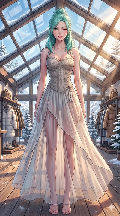 score_9, masterpiece, best quality, ultra-detailed, high-budget anime keyframe, vibrant anime aesthetic, Japanese woman. cowboy shot from the thighs up, character and outfit filling the frame for maximum presence. She is standing on a chalet deck, wi