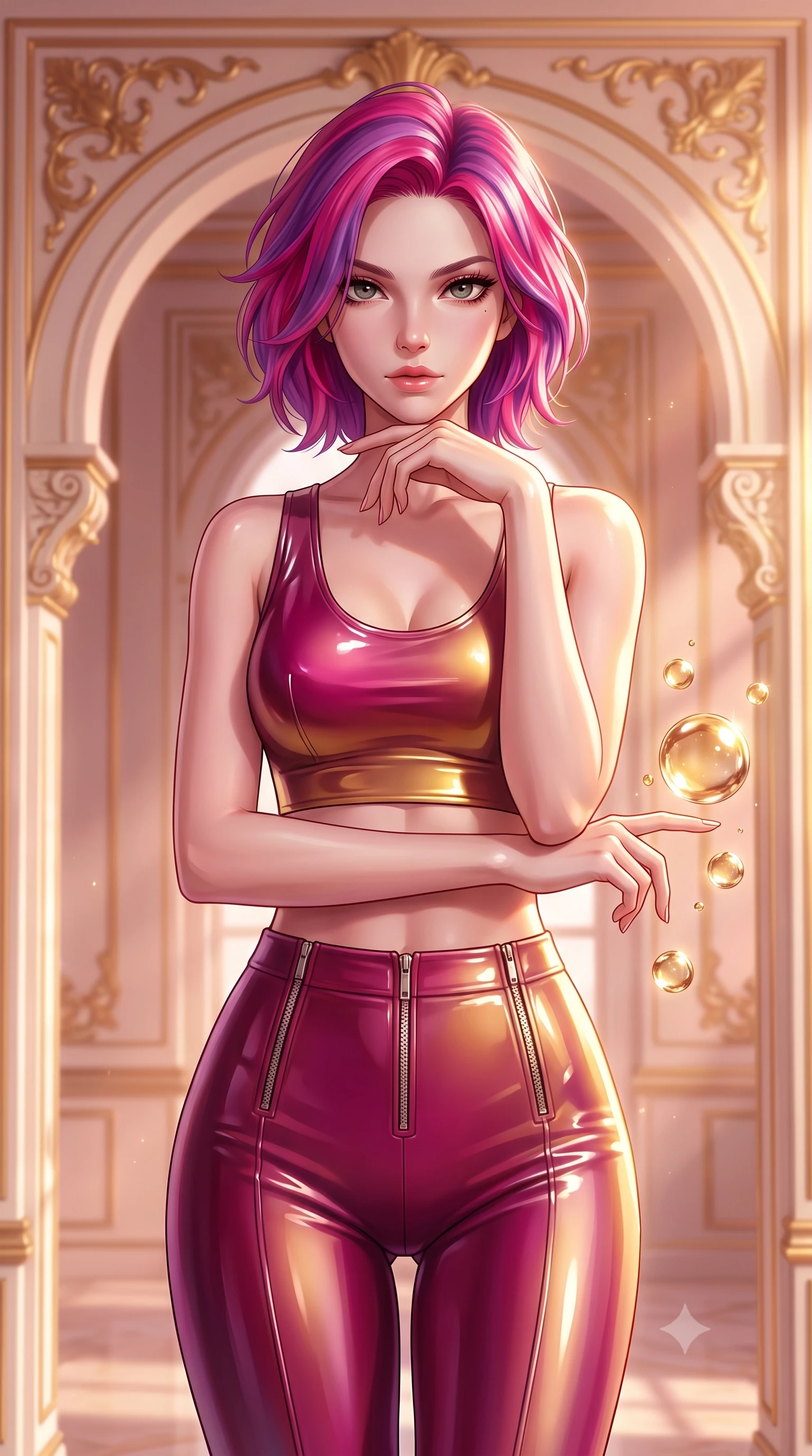 score_9, masterpiece, best quality, ultra-detailed, high-budget anime keyframe, editorial fashion photography, tasteful artistic composition, Caucasian woman. close-up cowboy shot from the waist and thighs up, the character dominates the composition, filling the frame with her large presence, background elements kept in soft focus. Resting her chin on the backs of her fingers, casting a sharp, mysterious gaze interacting with floating golden water Orbs in a cloudtop palace court, opulent gold-leaf trim and carved ivory archways framed beautifully. She has an exceptionally elegant, slender, and willowy female figure with an ultra-slim waist, a gracefully sculpted slender torso, and a refined silhouette. sharp v-shaped jawline, high-bridge nose, intricate jewel-like eyes with depth, thick eyelashes, glossy lips with a natural sheen. wearing a glossy vinyl crop top and high-waist tailored leggings with sleek metallic zippers, the sleek second-skin texture accentuating her magnetic presence. bathed in glorious golden hour sunbeams and warm rose-gold ambient light. highly saturated vibrant anime colors, detailed shading with soft gradients, rich glossy textures, high-contrast stereoscopic depth, volumetric dynamic lighting, master piece, 9:16 ratio