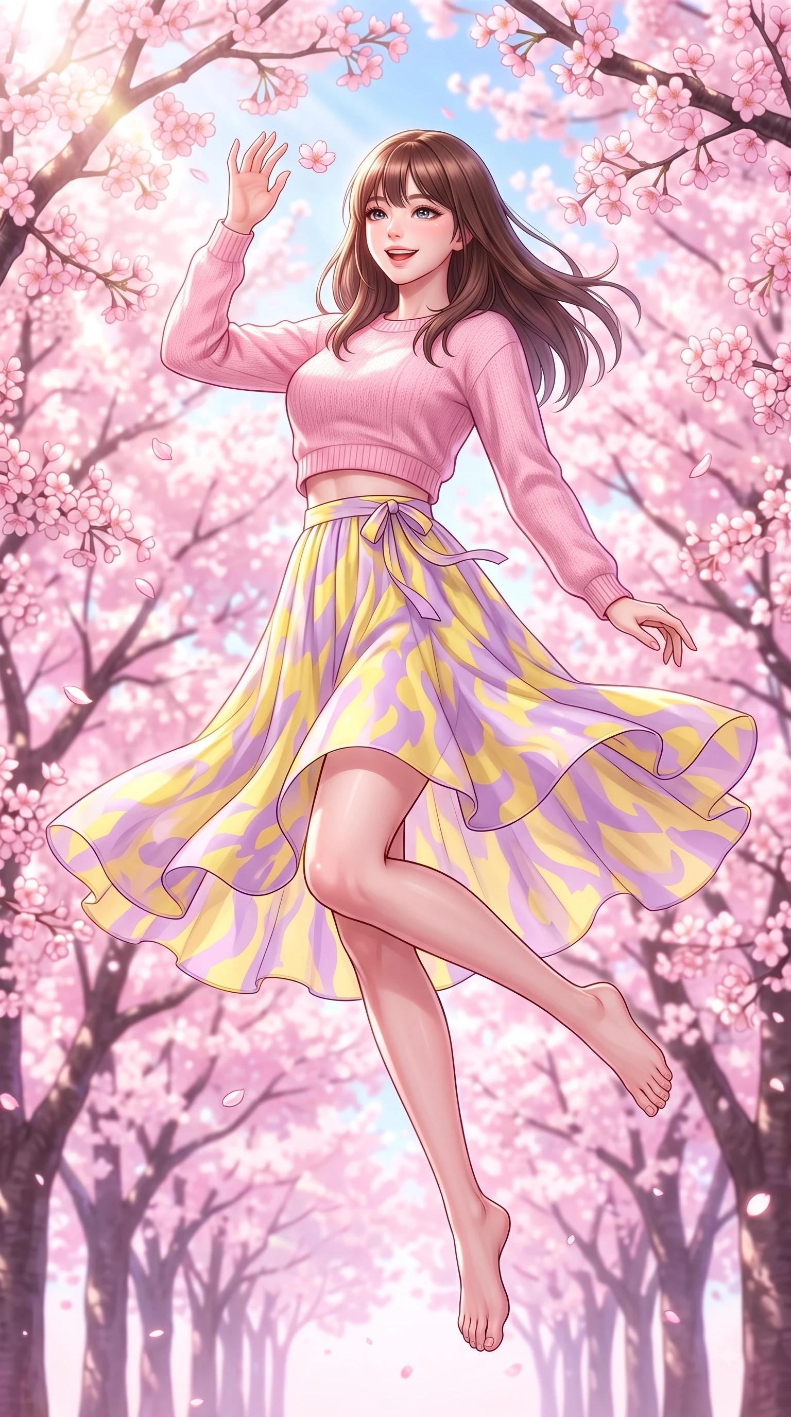 score_9, masterpiece, best quality, ultra-detailed, high-budget anime keyframe, editorial fashion photography, tasteful artistic composition, Korean woman. low angle full-body shot from head to toe showing her feet, filling the entire 9:16 vertical frame with her statuesque presence, stretching her vertical silhouette. leaping with pure youthful energy through the scene with a radiant bright smile, her long slender legs balanced gracefully while reaching her hand up playfully to catch a floating blossom petal with a joyful expression. The surrounding environment is rendered in vivid detail and crisp panoramic clarity. vibrant spring sunlight scattering through blooming flower arches with high environmental clarity. She has an absolutely perfect, statuesque 8.5-heads proportion, an exceptionally tall and slender model-like female figure with impossibly long slender legs and an ultra-slim waist. sharp v-shaped jawline, high-bridge nose, intricate jewel-like eyes with depth, thick eyelashes, glossy lips with a natural sheen, flawlessly proportioned anatomical accuracy, natural body alignment, perfectly sculpted elegant limbs, clean dynamic posture without body distortion. wearing a sweet baby-pink cropped knit sweater with a high-waisted denim A-line skirt in soft lemon yellow and lavender violet, made of fine lightweight chiffon that flutters gently in the breeze, accented with a dainty waist ribbon bow, the soft airy drape swaying gracefully with her dynamic movements. illuminated by soft glowing pink ambient light and clear sky refractions. highly saturated vibrant anime colors, detailed shading with soft gradients, rich glossy textures, high-contrast stereoscopic depth, volumetric dynamic lighting, master piece, 9:16 ratio