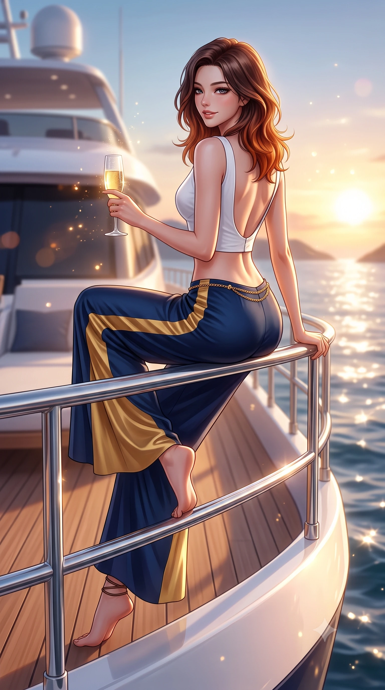 score_9, masterpiece, best quality, ultra-detailed, high-budget anime keyframe, semi-realistic 3D game render, editorial fashion photography, tasteful artistic composition, Korean woman. low angle full-body shot from head to toe showing her feet, filling the entire 9:16 vertical frame with her statuesque presence, stretching her vertical silhouette. sitting perched on the elevated ledge with hips angled toward the camera and legs crossed, displaying her toned midriff and flawlessly sculpted slender limbs while perching on the chrome stern railing of a luxury superyacht with hips angled toward the sunset, looking back over her shoulder with an intoxicating smile. The composition keeps background elements in soft focus with creamy bokeh. sunlight sparkle on ocean crests and champagne fizz scattering warm radiant light motes. She has an absolutely perfect, statuesque 8.5-heads proportion, an exceptionally tall and slender model-like female figure with impossibly long slender legs, a toned flat midriff, an ultra-slim waist, and beautifully sculpted feminine hips. sharp v-shaped jawline, high-bridge nose, intricate jewel-like eyes with depth, thick eyelashes, glossy parted lips with a natural sheen, intensely captivating and seductive bedroom-eyes expression, flawlessly proportioned anatomical accuracy, strict slender model proportions, natural body alignment, perfectly sculpted long slender limbs, ultra-slim waistline, clean dynamic posture without body distortion. wearing a tailored white linen crop top paired with low-slung flowing silk palazzo pants and a gold chain belt in deep nautical navy blue and liquid gold, tailored from crisp structured cotton poplin with organic dye, accessorized with minimalist leather wrap sandals and a champagne flute in hand, the dramatically scooped open back descending to the base of her spine, accentuating her razor-sharp statuesque lines and curvy hourglass silhouette. surrounded by an opulent, sun-drenched, and breathtakingly seductive jet-set heiress aura. highly saturated vibrant anime colors, detailed shading with soft gradients, rich glossy textures, high-contrast stereoscopic depth, volumetric dynamic lighting, master piece, 9:16 ratio