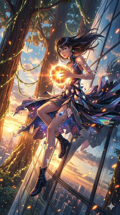 score_9, masterpiece, best quality, ultra-detailed, Set A: High-budget Anime Keyframe, Japanese woman. Low angle cowboy shot filling the entire 9:16 frame with her statuesque presence. Theme: Abstract Cosmic. sliding down a glass skyscraper in a gian