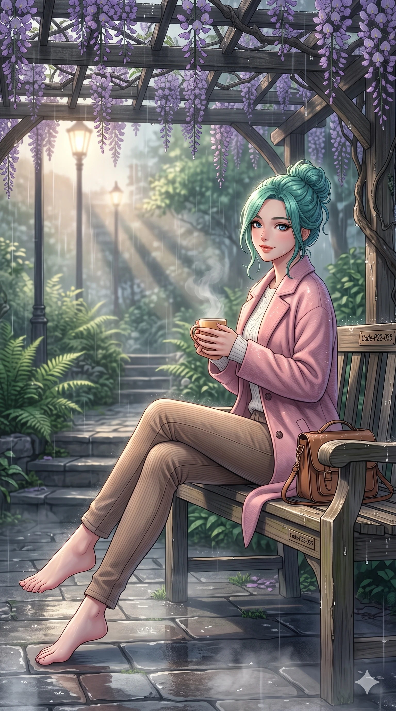score_9, masterpiece, best quality, ultra-detailed, high-budget anime keyframe, vibrant anime aesthetic, Japanese woman. low angle full-body shot from head to toe showing her feet, filling the entire 9:16 vertical frame with her statuesque presence, stretching her vertical silhouette. She is holding a warm mug of tea, looking at the camera with a gentle smile, looking over her shoulder at the camera surrounded by fresh morning mist. on a wooden bench under a wisteria trellis in a quiet courtyard garden during a gentle afternoon rain (Code-P22-035). She has an absolutely perfect 8-heads proportion, an exceptionally tall and slender female figure with impossibly long slender legs and an ultra-slim waist. V-shaped jawline, high-bridge nose, intricate jewel-like eyes with depth, thick eyelashes, glossy lips with a natural sheen. wearing a cozy woolen coat in pastel pink over a white knit top and fitted corduroy pants with a designer bag. She is lit by dramatic, high-contrast streetlights casting long shadows in the rain, adding depth to her jewel-like eyes during a refreshing sun shower. 2k, ultra detail, master piece, 9:16 ratio