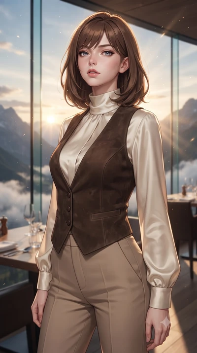 score_9, masterpiece, best quality, ultra-detailed, high-budget anime keyframe, editorial fashion photography, tasteful artistic composition, Caucasian woman, strictly human ears. close-up cowboy shot from the waist and thighs up, the character domin