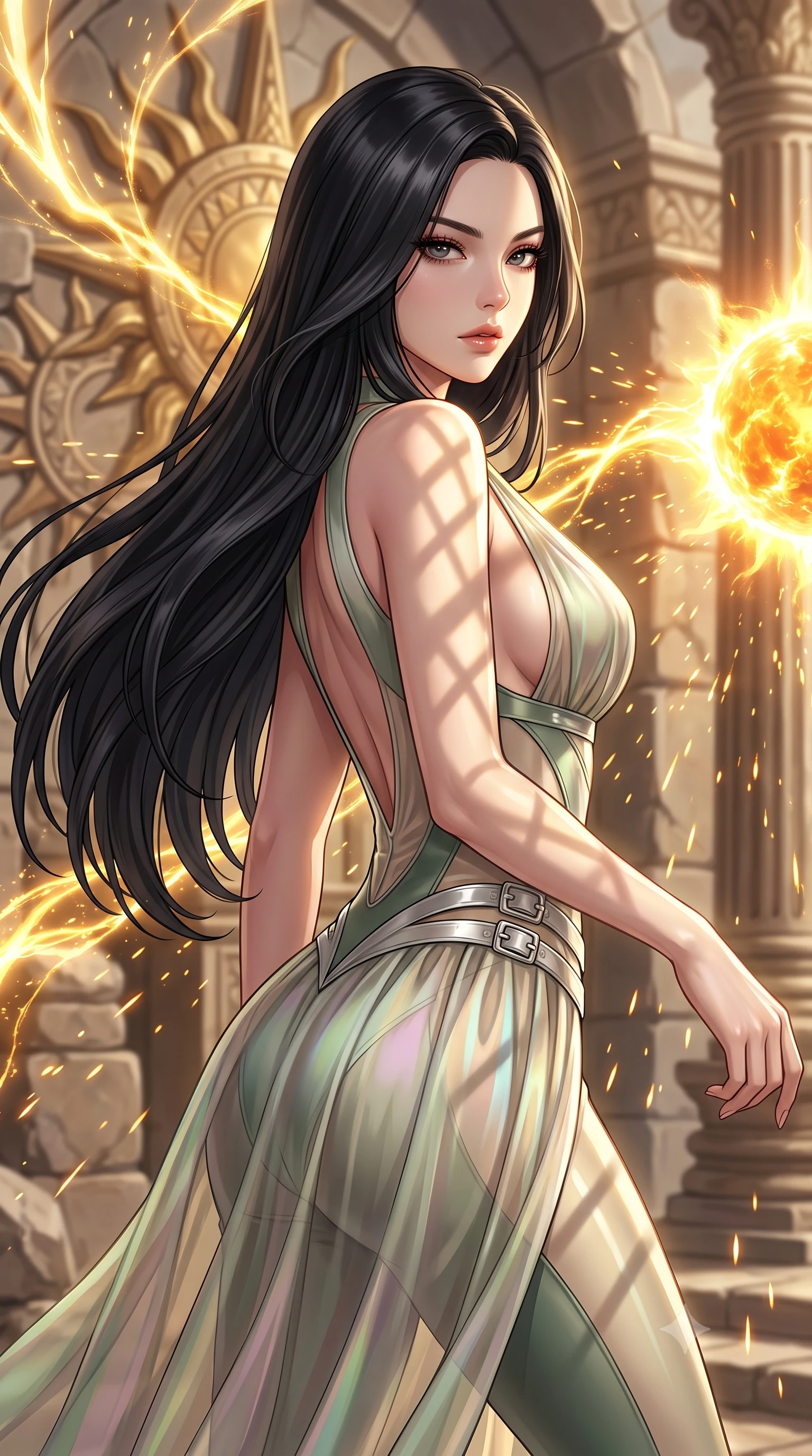 score_9, masterpiece, best quality, ultra-detailed, high-budget anime keyframe, editorial fashion photography, tasteful artistic composition, Korean woman. close-up cowboy shot from the waist and thighs up, the character dominates the composition, filling the frame with her large presence, background elements kept in soft focus. Pivoting sharply while looking back over her shoulder with heavy lashes and a confident, intense gaze while forging dynamically through an architectural sun temple as golden energy arcs erupt nearby, blazing solar flare sparks falling like a golden shower around her statuesque figure. She has an exceptionally elegant, slender, and willowy female figure with an ultra-slim waist, a gracefully sculpted slender torso, and a refined silhouette. sharp v-shaped jawline, high-bridge nose, intricate jewel-like eyes with depth, thick eyelashes, glossy lips with a natural sheen, flawlessly proportioned anatomical accuracy, natural body alignment, perfectly sculpted elegant limbs, clean dynamic posture without body distortion. wearing a translucent iridescent chiffon gown with a plunging neckline and open back in sage green and oatmeal, formed from sleek second-skin neoprene, detailed with polished silver buckles along the waistline, the glove-like fit emphasizing her statuesque silhouette during motion. illuminated by a majestic golden key light casting sharp dynamic shadow grids. highly saturated vibrant anime colors, detailed shading with soft gradients, rich glossy textures, high-contrast stereoscopic depth, volumetric dynamic lighting, master piece, 9:16 ratio