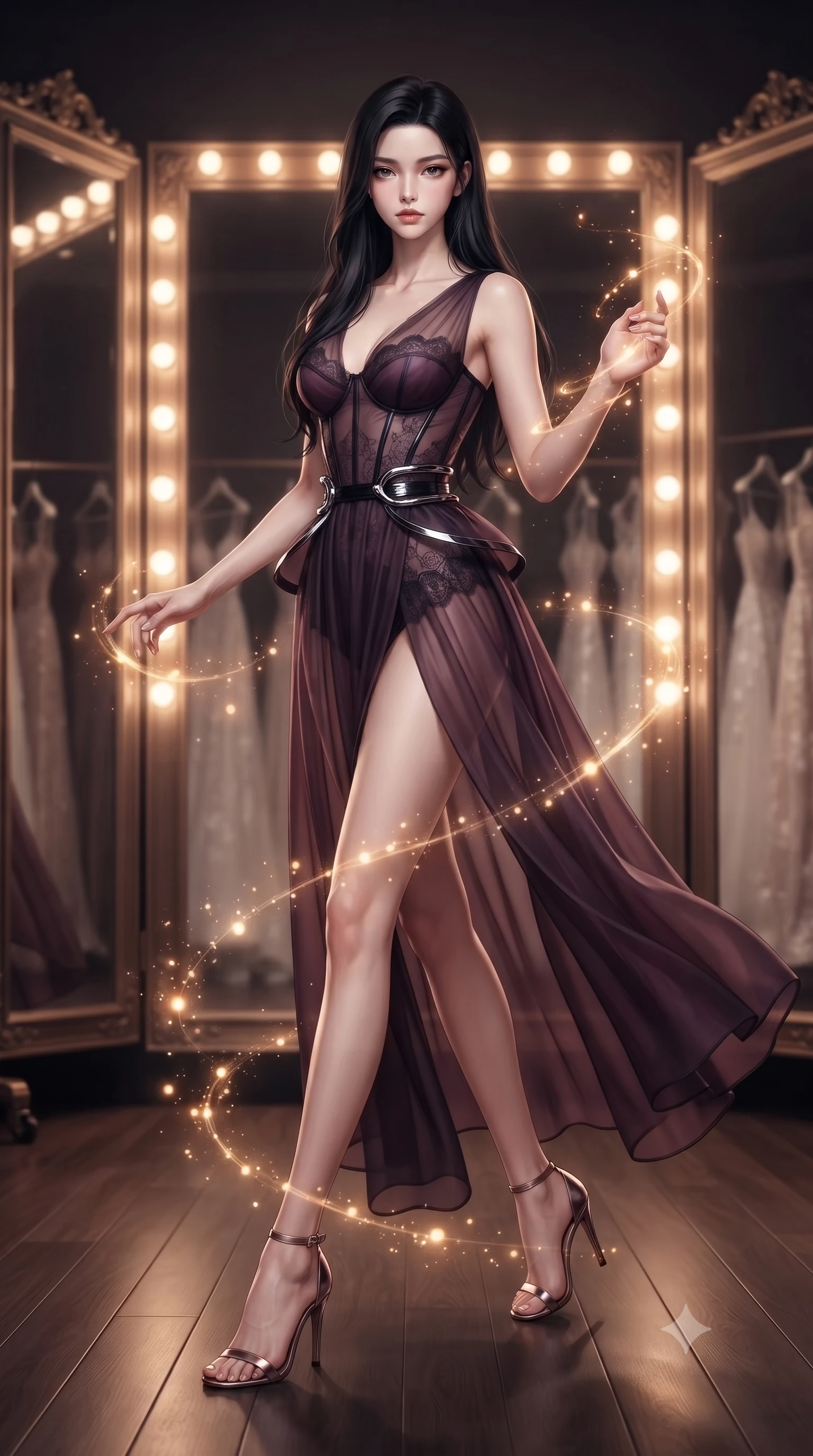 score_9, masterpiece, best quality, ultra-detailed, high-budget anime keyframe, editorial fashion photography, tasteful artistic composition, Korean woman. low angle full-body shot from head to toe showing her feet, filling the entire 9:16 vertical frame with her statuesque presence, stretching her vertical silhouette. interacting with glowing light particles, her long slender legs poised in motion, standing in a private VIP couture dressing room lined with warm vanity bulb mirrors, racks of high-fashion silk and lace gowns fading into soft background focus. She has an absolutely perfect, statuesque 8.5-heads proportion, an exceptionally tall and slender model-like female figure with impossibly long slender legs and an ultra-slim waist. sharp v-shaped jawline, high-bridge nose, intricate jewel-like eyes with depth, thick eyelashes, glossy lips with a natural sheen. wearing semi-opaque sheer dark chiffon gown revealing structured corset silhouette in dark plum violet, made of sheer dark organza overlay, accented with sculpted obsidian chrome rings at the waist, sculpting her athletic slender build with refined precision. surrounded by a warm glamorous glow with deep shadowy background contrast. ultra-reflective glossy finish, specular highlights, metallic sheen, high-contrast stereoscopic depth, volumetric dynamic lighting, 2k, ultra detail, master piece, 9:16 ratio