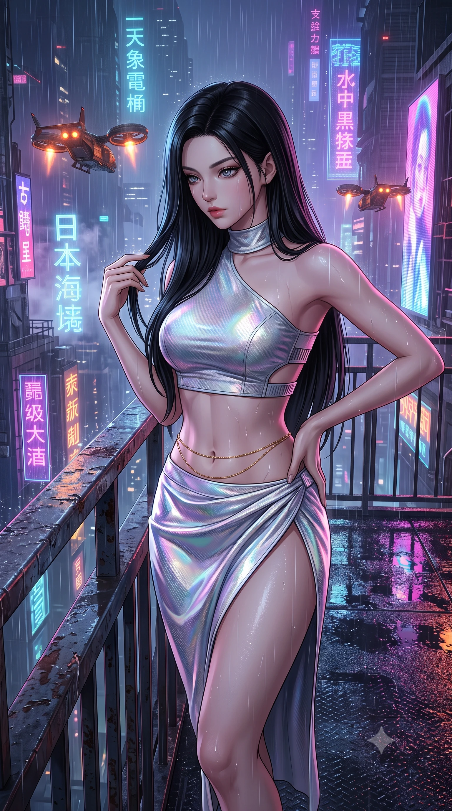score_9, masterpiece, best quality, ultra-detailed, high-budget anime keyframe, semi-realistic 3D game render, editorial fashion photography, tasteful artistic composition, Korean woman. close-up cowboy shot from the waist and thighs up, the character dominates the composition, filling the frame with her large presence. twisting her slender torso in an alluring contrapposto stance, one hand resting on her sculpted hip while her fingers toy with her hair with effortless poise while leaning against the weathered industrial parapet with hips cocked back, gazing down into the dizzying mile-deep neon canyon through laser rain with smoldering bedroom-eyes. The surrounding environment is rendered in vivid detail and crisp panoramic clarity: sharp wet carbon floor reflections, intricate holographic Japanese and Chinese calligraphy, and razor-sharp VTOL turbine blade textures in deep focus. She has an exceptionally elegant, slender, and willowy female figure with an ultra-slim waist, flat toned midriff, narrow ribcage, and sculpted feminine hips creating an alluring, slim hourglass silhouette without bulk. sharp v-shaped jawline, high-bridge nose, intricate jewel-like sparkling eyes with depth, thick eyelashes, glossy parted lips with a natural peach sheen, bright cheerful beaming smile with an enchanting and coquettish sensual glint, exuding both youthful cute charm and seductive allure, flawlessly proportioned anatomical accuracy, strict slender model proportions, natural body alignment, perfectly sculpted long slender limbs, ultra-slim waistline, clean dynamic posture without body distortion. wearing an alluring tactical crop top with asymmetrical side-rib cutouts and high-neck collar paired with a high-slit wrap skirt in iridescent mother-of-pearl and liquid molten silver, woven from structured carbon-fiber jacquard with rich textural depth, accented with a dainty gold belly chain resting across her flat midriff and curving hips, the high-slit wrap tailoring accentuating her ultra-slim waistline and the enchanting curve of her feminine hips with alluring seductive charm. bathed in the multi-hued ambient neon glow of towering holographic billboards mixed with warm orange VTOL engine exhausts. highly saturated vibrant anime colors, detailed shading with soft gradients, rich glossy textures, high-contrast stereoscopic depth, volumetric dynamic lighting, master piece, 9:16 ratio