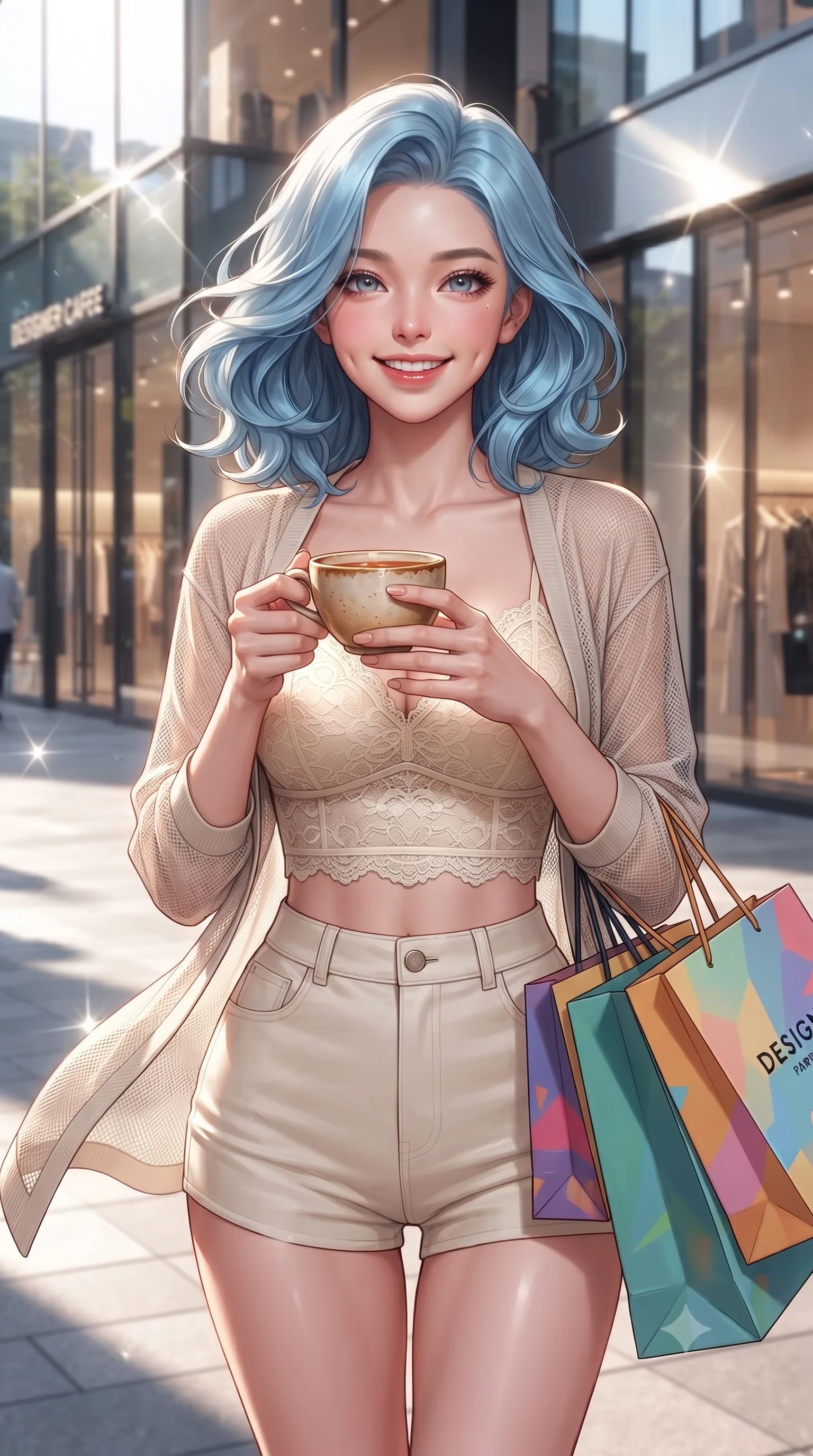 score_9, masterpiece, best quality, ultra-detailed, high-budget anime keyframe, editorial fashion photography, tasteful artistic composition, Korean woman. close-up cowboy shot from the waist and thighs up, the character dominates the composition, filling the frame with her large presence, background elements kept in soft focus. smiling with soft, cute dimples, holding a warm cup of tea with both hands set against a soft-focus background of in a trendy urban plaza filled with designer cafes and clothing boutiques carrying a couple of colorful shopping bags with a happy, excited look. She has an exceptionally elegant, slender, and willowy female figure with an ultra-slim waist, a gracefully sculpted slender torso, and a refined silhouette. sharp v-shaped jawline, high-bridge nose, intricate jewel-like eyes with depth, thick eyelashes, glossy lips with a natural sheen. wearing tailored delicate lace crop top in cream, worn under a semi-opaque carbon-mesh cardigan and micro-shorts. bright afternoon sunbeams creating sharp reflections on the glass shop windows. ultra-reflective glossy finish, specular highlights, metallic sheen, high-contrast stereoscopic depth, volumetric dynamic lighting, 2k, ultra detail, master piece, 9:16 ratio