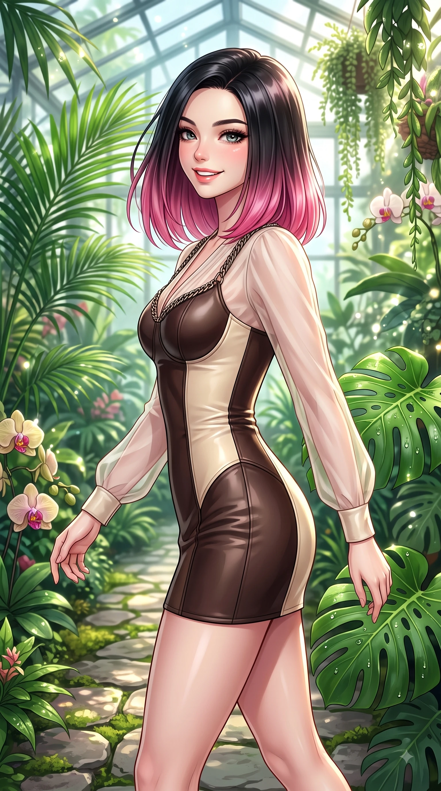 score_9, masterpiece, best quality, ultra-detailed, high-budget anime keyframe, editorial fashion photography, tasteful artistic composition, Korean woman. close-up cowboy shot from the waist and thighs up, the character dominates the composition, filling the frame with her large presence, background elements kept in soft focus. Radiant youthful grin reflecting college charm while casting a playful, joyful side-gaze with heavy lashes while walking along a stone path in a lush botanical greenhouse surrounded by tropical green palms, dewdrops on lush green Monstera leaves and orchids scattering bright specular highlights. She has an exceptionally elegant, slender, and willowy female figure with an ultra-slim waist, a gracefully sculpted slender torso, and a refined silhouette. sharp v-shaped jawline, high-bridge nose, intricate jewel-like eyes with depth, thick eyelashes, glossy lips with a natural sheen, flawlessly proportioned anatomical accuracy, natural body alignment, perfectly sculpted elegant limbs, clean dynamic posture without body distortion. wearing a tailored leather bustier over a sheer silk chiffon blouse in espresso brown and warm cream, formed from sleek second-skin neoprene, adorned with delicate metallic chain straps along the neckline, the glove-like fit emphasizing her statuesque silhouette during motion. surrounded by a bright, airy, and refreshing tropical garden atmosphere. highly saturated vibrant anime colors, detailed shading with soft gradients, rich glossy textures, high-contrast stereoscopic depth, volumetric dynamic lighting, master piece, 9:16 ratio