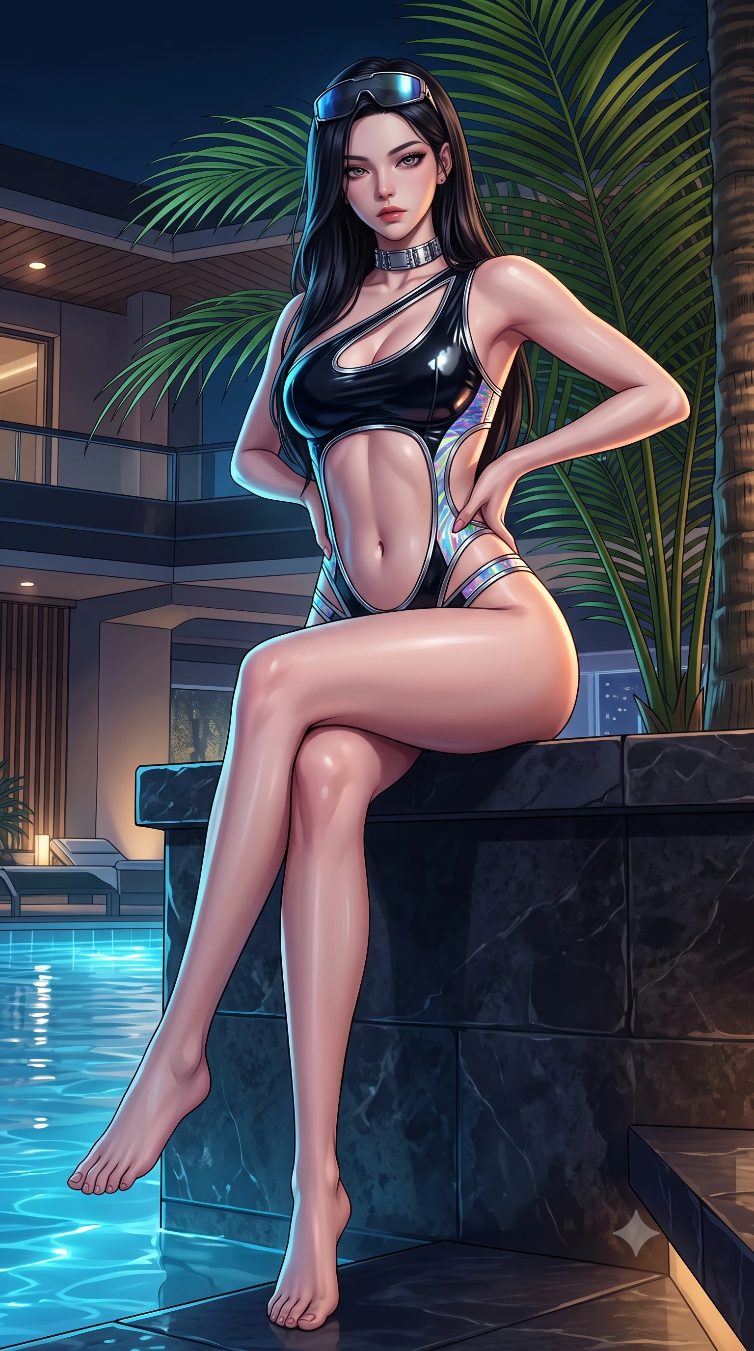 score_9, masterpiece, best quality, ultra-detailed, high-budget anime keyframe, semi-realistic 3D game render, editorial fashion photography, tasteful artistic composition, Korean woman. low angle full-body shot from head to toe showing her feet, filling the entire 9:16 vertical frame with her statuesque presence, stretching her vertical silhouette. sitting perched on the elevated ledge with hips angled toward the camera and legs crossed, displaying her toned midriff and flawlessly sculpted slender limbs while posing beside towering poolside palm fronds, hips dramatically thrust to one side with hands running along her waist in pure allure. The surrounding environment is rendered in vivid detail and crisp panoramic clarity. high-contrast cyber-resort chiaroscuro and atmospheric midnight pool nightlife rendered in precision. She has an absolutely perfect, statuesque 8.5-heads proportion, an exceptionally tall and slender model-like female figure with impossibly long slender legs, a toned flat midriff, an ultra-slim waist, and beautifully sculpted feminine hips. sharp v-shaped jawline, high-bridge nose, intricate jewel-like eyes with depth, thick eyelashes, glossy parted lips with a natural sheen, intensely captivating and seductive bedroom-eyes expression, flawlessly proportioned anatomical accuracy, strict slender model proportions, natural body alignment, perfectly sculpted long slender limbs, ultra-slim waistline, clean dynamic posture without body distortion. wearing an asymmetrical one-shoulder cut-out swimsuit with holographic side panels and hip straps in pitch-black vinyl and specular chrome trim, tailored from second-skin aerodynamic stretch vinyl with specular sheen, accessorized with cyber-visor sunglasses resting on her brow and chunky silver choker, the precision-cut side openings and low-back scoop framing her graceful spine and the sensual sweep of her hips. illuminated by wet specular bounce lights accentuating her feminine waist-to-hip hourglass contour. highly saturated vibrant anime colors, detailed shading with soft gradients, rich glossy textures, high-contrast stereoscopic depth, volumetric dynamic lighting, master piece, 9:16 ratio