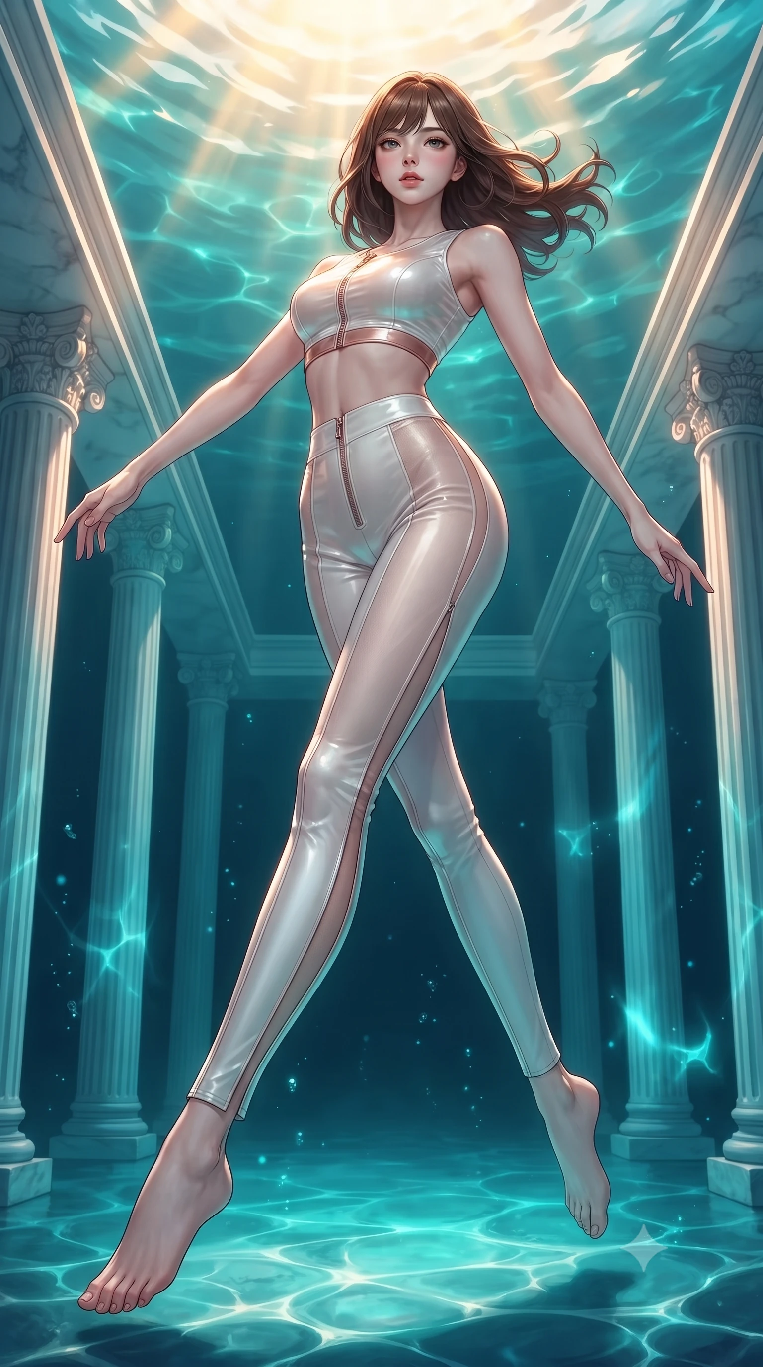score_9, masterpiece, best quality, ultra-detailed, high-budget anime keyframe, editorial fashion photography, tasteful artistic composition, Korean woman. low angle full-body shot from head to toe showing her feet, filling the entire 9:16 vertical frame with her statuesque presence, stretching her vertical silhouette. forging dynamically through the scene, her vertical silhouette beautifully stretched floating gracefully through a sunken white marble colonnade underwater, golden sunbeams penetrating deep turquoise water creating caustic light patterns. She has an absolutely perfect, statuesque 8.5-heads proportion, an exceptionally tall and slender model-like female figure with impossibly long slender legs and an ultra-slim waist. sharp v-shaped jawline, high-bridge nose, intricate jewel-like eyes with depth, thick eyelashes, glossy lips with a natural sheen. wearing a glossy vinyl crop top and high-waist tailored leggings with sleek zippers in pearl white and rose gold, woven from fine semi-opaque sheer organza, finished with a sleek side slit ascending to mid-thigh, the tailored fabric tightly following every curve of her athletic build. illuminated by luminous aqua bioluminescence and warm golden top lighting. highly saturated vibrant anime colors, detailed shading with soft gradients, rich glossy textures, high-contrast stereoscopic depth, volumetric dynamic lighting, master piece, 9:16 ratio