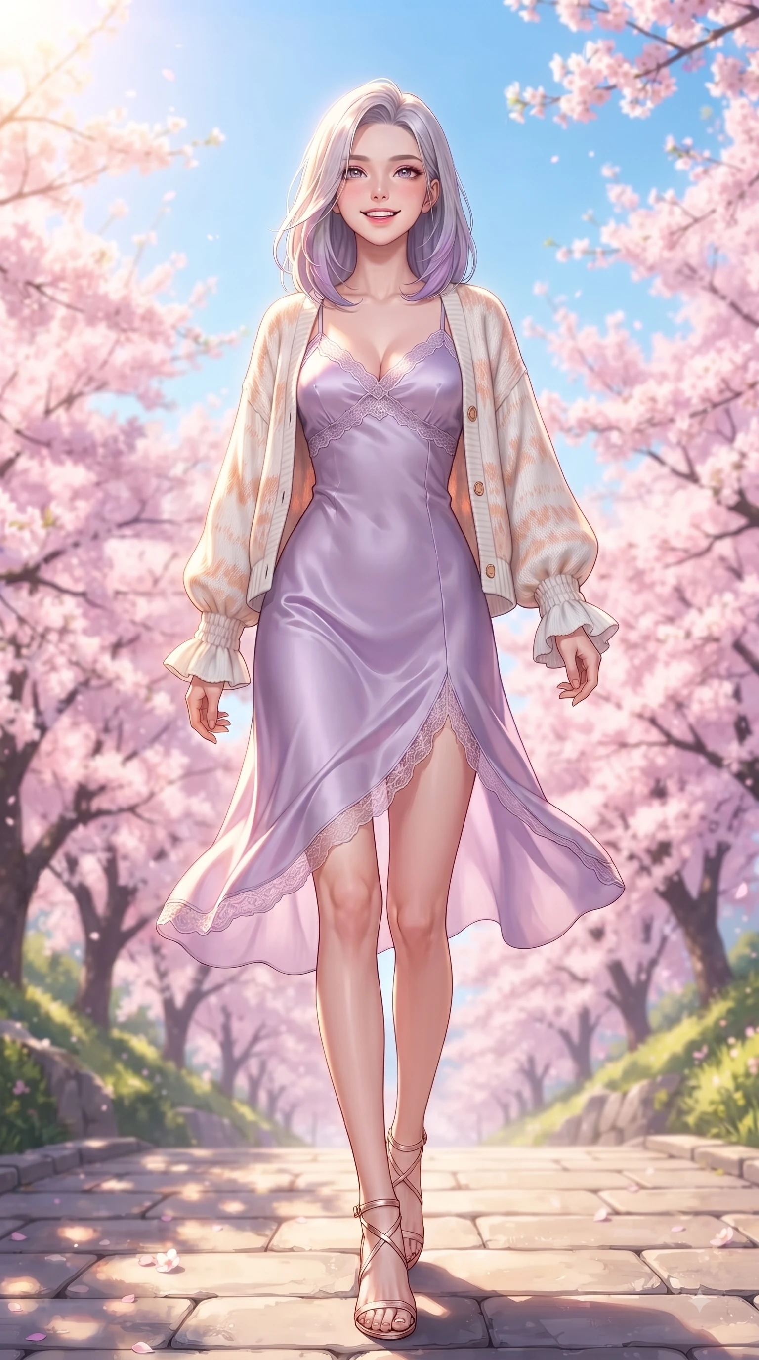 score_9, masterpiece, best quality, ultra-detailed, high-budget anime keyframe, editorial fashion photography, tasteful artistic composition, Caucasian woman. low angle full-body shot from head to toe showing her feet, filling the entire 9:16 vertical frame with her statuesque presence, stretching her vertical silhouette. walking forward in a proud dynamic stride with a cheerful beaming smile, her vertical silhouette filling the frame while walking up a gentle hill path lined with blooming sakura cherry trees in full spring bloom. The surrounding environment is rendered in vivid detail and crisp panoramic clarity. endless pink sakura tree arcades, sunlit stone pathways, and clear spring blue sky in deep focus. She has an absolutely perfect, statuesque 8.5-heads proportion, an exceptionally tall and slender model-like female figure with impossibly long slender legs and an ultra-slim waist. sharp v-shaped jawline, high-bridge nose, intricate jewel-like eyes with depth, thick eyelashes, glossy lips with a natural sheen, flawlessly proportioned anatomical accuracy, natural body alignment, perfectly sculpted elegant limbs, clean dynamic posture without body distortion. wearing a graceful lavender satin slip dress layered under a loose soft white knit cardigan in peach blossom pink and warm oatmeal, crafted from soft breathable linen, accented with soft smocked details and fluttery cuffs, the chic real-way fashion cut emphasizing her effortless charm. bathed in bright morning sunbeams and warm golden sakura backlighting. ultra-reflective glossy finish, specular highlights, metallic sheen, high-contrast stereoscopic depth, volumetric dynamic lighting, 2k, ultra detail, master piece, 9:16 ratio
