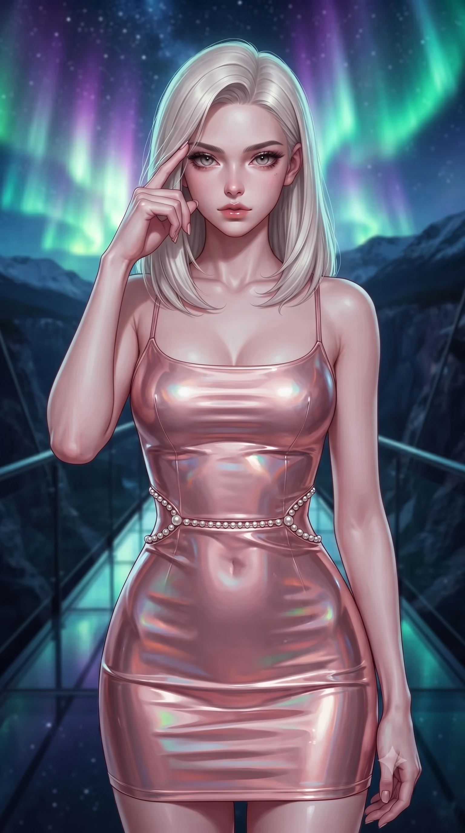 score_9, masterpiece, best quality, ultra-detailed, high-budget anime keyframe, editorial fashion photography, tasteful artistic composition, Caucasian woman. close-up cowboy shot from the waist and thighs up, the character dominates the composition, filling the frame with her large presence, background elements kept in soft focus. Pressing two fingers to her temple in a composed, sharp thoughtful gesture, navigating a glass skywalk suspended over a dark mountain canyon with aurora, soft cloud layer below reflecting subtle violet skyglow. She has an exceptionally elegant, slender, and willowy female figure with an ultra-slim waist, a gracefully sculpted slender torso, and a refined silhouette. sharp v-shaped jawline, high-bridge nose, intricate jewel-like eyes with depth, thick eyelashes, glossy lips with a natural sheen. wearing form-contouring liquid silver jersey long slip dress in rose-gold pink, made of high-gloss liquid pearl vinyl, adorned with minimalist pearl hardware framing the waistline, the fitted fabric emphasizing her ultra-slim waist. bathed in cold silver starlight and vibrant polar light reflections. highly saturated vibrant anime colors, detailed shading with soft gradients, rich glossy textures, high-contrast stereoscopic depth, volumetric dynamic lighting, master piece, 9:16 ratio