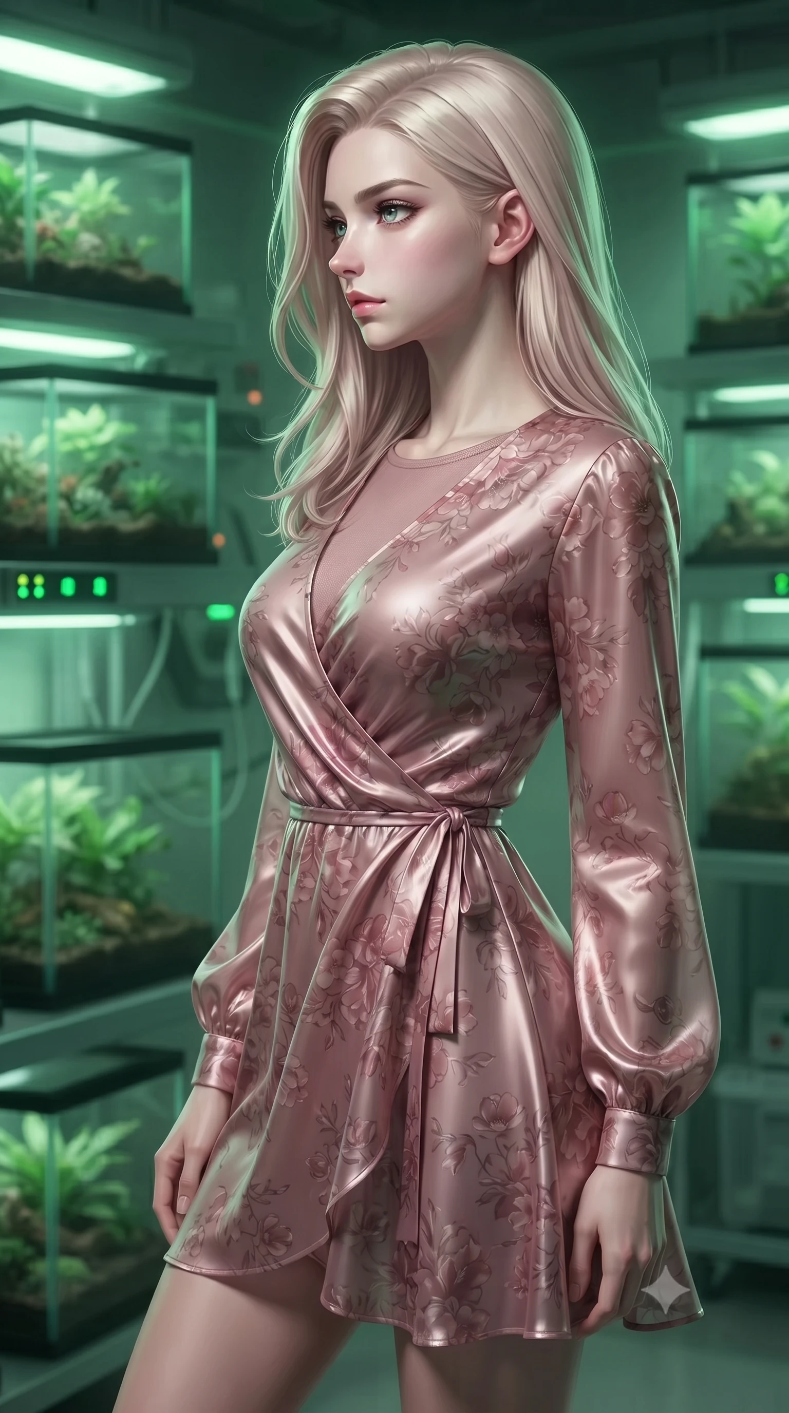 score_9, masterpiece, best quality, ultra-detailed, high-budget anime keyframe, editorial fashion photography, tasteful artistic composition, Caucasian woman. close-up cowboy shot from the waist and thighs up, the character dominates the composition, filling the frame with her large presence, background elements kept in soft focus. turning her face in sharp profile, casting a cold, mysterious, yet intensely alluring side gaze, the background shows a soft-focus a futuristic botanical laboratory with glass terrariums and glowing green indicators. She has an exceptionally elegant, slender, and willowy female figure with an ultra-slim waist, a gracefully sculpted slender torso, and a refined silhouette. sharp v-shaped jawline, high-bridge nose, intricate jewel-like eyes with depth, thick eyelashes, glossy lips with a natural sheen. wearing a form-contouring flowy floral-patterned wrap dress in dusty rose chiffon with long sleeves and a modest crew neck. soft emerald glow radiating from terrariums onto her features. ultra-reflective glossy finish, specular highlights, metallic sheen, high-contrast stereoscopic depth, volumetric dynamic lighting, 2k, ultra detail, master piece, 9:16 ratio