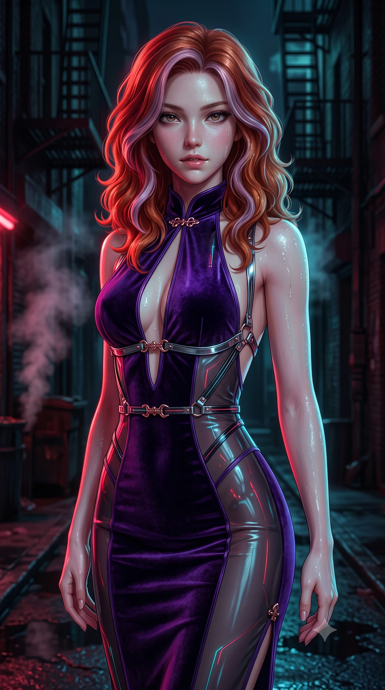 score_9, masterpiece, best quality, ultra-detailed, high-budget anime keyframe, semi-realistic 3D game render, editorial fashion photography, tasteful artistic composition, Caucasian woman. close-up cowboy shot from the waist and thighs up, the character dominates the composition, filling the frame with her large presence. gazing directly into the lens with bedroom eyes and a breathtaking, dangerous allure that commands the entire dark composition while biting her lower lip lightly with an intoxicating, dangerous smolder gazing directly into the lens under wet neon glare. The composition keeps background elements in soft focus with creamy bokeh. dark alleyway fire escapes and rising steam plumes softened in moody shallow focus. She has an exceptionally elegant, slender, and willowy female figure with an ultra-slim waist, a gracefully sculpted slender torso, toned flat midriff, and a refined slim silhouette. sharp v-shaped jawline, high-bridge nose, intricate jewel-like eyes with depth, thick eyelashes, glossy lips with a natural sheen, flawlessly proportioned anatomical accuracy, strict slender model proportions, natural body alignment, perfectly sculpted long slender limbs, ultra-slim waistline, clean dynamic posture without body distortion. wearing a velvet halter-neck midi dress fitting her statuesque contour flawlessly with a Tasteful chest slit and open spine in deep velvet violet and rose-gold metallic clasps, tailored from semi-translucent dark cybernetic vinyl with subtle glowing micro-filaments, reinforced by a sleek metallic chrome harness and delicate dark glowing micro-straps, the form-contouring material adhering flawlessly to her sculpted flat midriff and slender torso, emphasizing her long leg lines and perfectly proportioned willowy build. bathed in vivid high-contrast neon crimson and deep cyan ambient rim lighting. rich saturated anime colors with deep moody shadows, detailed chiaroscuro shading with soft gradients, rich glossy textures, high-contrast stereoscopic depth, volumetric dynamic shadow lighting, master piece, 9:16 ratio