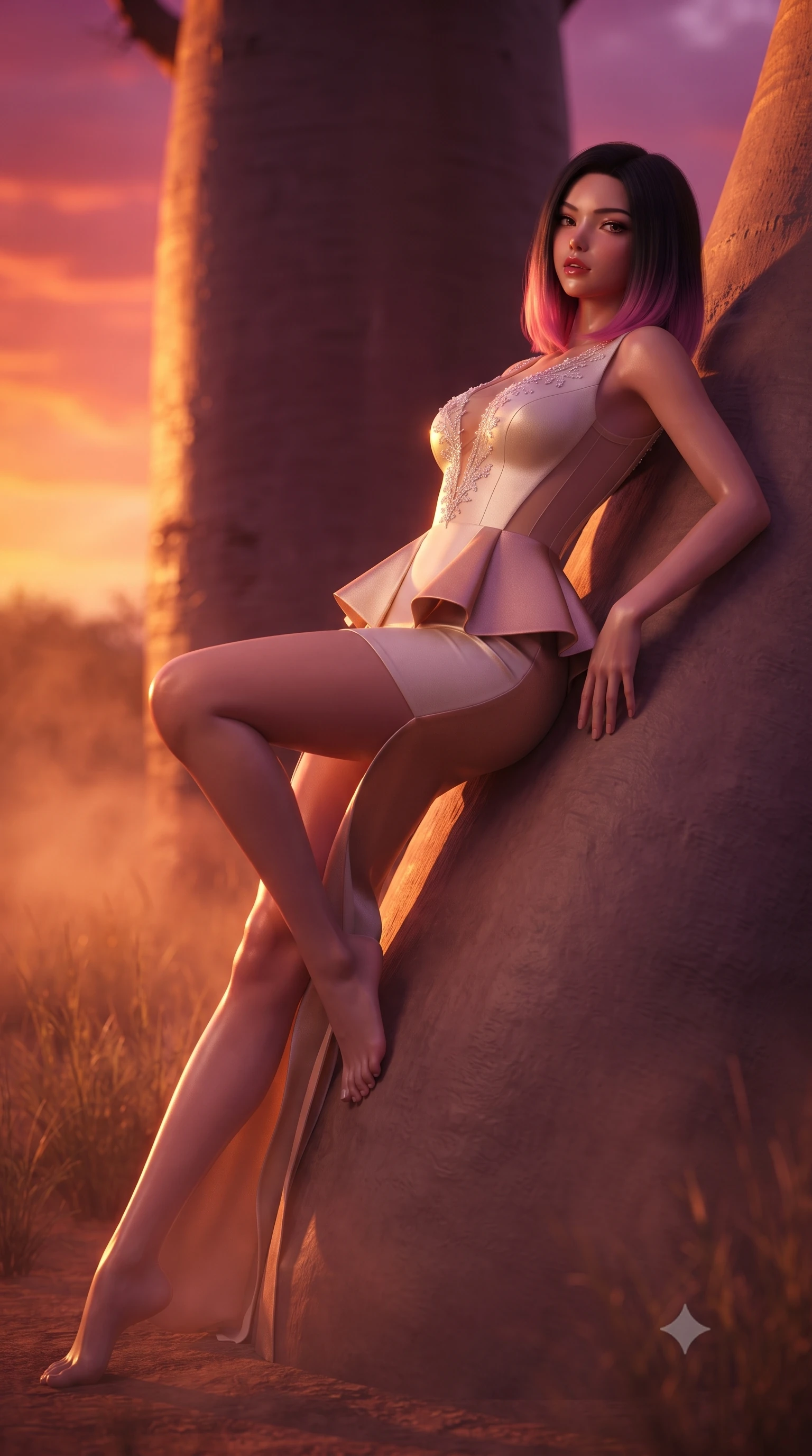 score_9, masterpiece, best quality, ultra-detailed, high-budget anime keyframe, editorial fashion photography, tasteful artistic composition, Korean woman. low angle full-body shot from head to toe showing her feet, filling the entire 9:16 vertical frame with her statuesque presence, stretching her vertical silhouette. reclining on her side in an elegant Cleopatra pose with one knee drawn up, the dramatic contour of her rounded hips and long slender legs commanding the 9:16 vertical frame while leaning back against the smooth, massive baobab trunk with hips cocked back, glancing over her shoulder with an alluring, sovereign gaze. The composition keeps background elements in soft focus with creamy bokeh. distant African savanna grasses and rising dust veils softened in mystical safari shallow focus. She has an exceptionally tall and slender model-like 8.5-heads proportion, an ultra-slim waist, a flat toned midriff, narrow delicate ribcage, and beautifully sculpted feminine hips creating a graceful, slim hourglass silhouette without any bulky heaviness, with impossibly long slender legs. sharp v-shaped jawline, high-bridge nose, intricate jewel-like eyes with depth, thick eyelashes, glossy parted lips with a natural sheen, intensely captivating and seductive bedroom-eyes expression, flawlessly proportioned anatomical accuracy, strict slender model proportions, natural body alignment, perfectly sculpted long slender limbs, ultra-slim waistline, clean dynamic posture without body distortion. wearing a structural geometric peplum gown with sheer side-ribbon cutouts and form-fitting skirt in vintage champagne ivory and delicate rose gold, tailored from water-resistant treated wool gabardine and flexible stretch silk, finished with delicate crystal frost embroidery tracing the plunging neckline, the glove-like aerodynamic silhouette tightly following the natural contour of her hips and long slender legs with statuesque 8.5-heads elegance. bathed in breathtaking African sunset backlighting in rich shades of fire-orange and deep magenta. ultra-reflective glossy finish, specular highlights, rich textural contrasts, high-contrast stereoscopic depth, volumetric dynamic lighting, 2k, ultra detail, master piece, 9:16 ratio