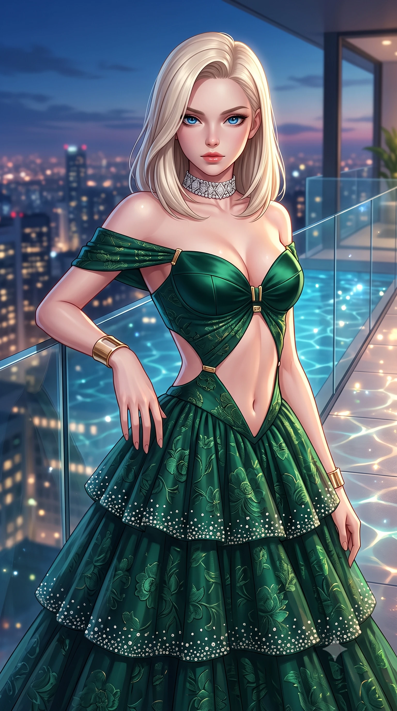 score_9, masterpiece, best quality, ultra-detailed, high-budget anime keyframe, semi-realistic 3D game render, editorial fashion photography, tasteful artistic composition, Caucasian woman. close-up cowboy shot from the waist and thighs up, the character dominates the composition, filling the frame with her large presence. radiating intense magnetic charisma with jewel-like eyes locked onto the viewer, her upper body turning in a dynamic, fluid S-curve while leaning against the seamless glass barrier of an ultra-luxury penthouse terrace overlooking a sparkling city skyline at dusk. The composition keeps background elements in soft focus with creamy bokeh. shimmering pool caustics and city neon reflections scattering radiant light motes across the deck. She has an exceptionally elegant, slender, and willowy female figure with an ultra-slim waist, a gracefully sculpted slender torso, toned flat midriff, and a refined slim silhouette. sharp v-shaped jawline, high-bridge nose, intricate jewel-like eyes with depth, thick eyelashes, glossy lips with a natural sheen, captivating and magnetic expression, flawlessly proportioned anatomical accuracy, strict slender model proportions, natural body alignment, perfectly sculpted long slender limbs, ultra-slim waistline, clean dynamic posture without body distortion. wearing a tiered crystal-embellished tulle ballgown with an exposed clavicle neckline and sweetheart bustier in deep emerald green satin and gold hardware, made of rich embossed floral silk jacquard with subtle gold thread, accessorized with a bold diamond choker and minimalist gold cuffs, the precision-cut daring openings accentuating her delicate midriff, graceful bare collarbones, and ultra-slim feminine waistline. surrounded by a cosmopolitan, elite, and intensely magnetic modern royalty aura. highly saturated vibrant anime colors, detailed shading with soft gradients, rich glossy textures, high-contrast stereoscopic depth, volumetric dynamic lighting, master piece, 9:16 ratio