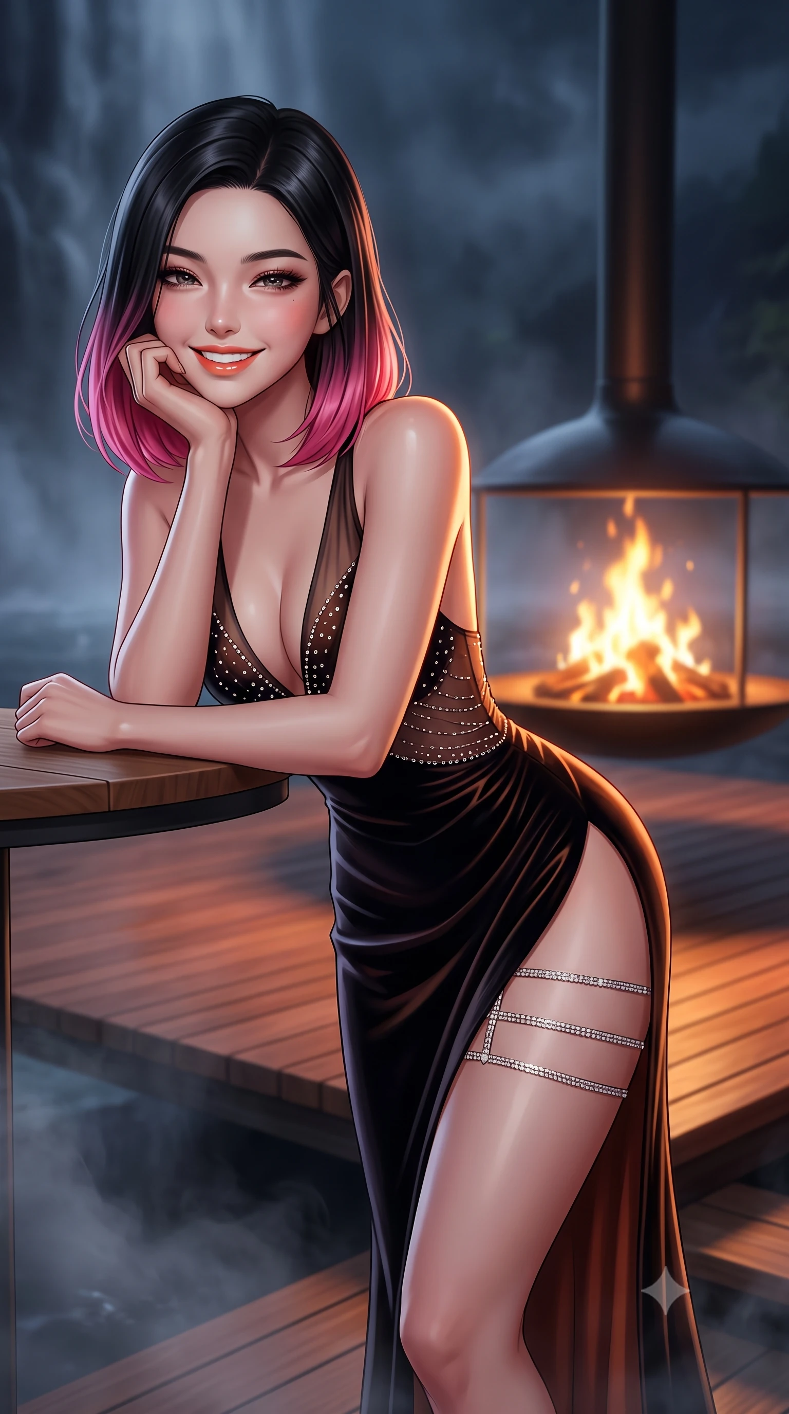score_9, masterpiece, best quality, ultra-detailed, high-budget anime keyframe, semi-realistic 3D game render, editorial fashion photography, tasteful artistic composition, Korean woman. close-up cowboy shot from the waist and thighs up, the character dominates the composition, filling the frame with her large presence. resting one elbow on the table and supporting her chin, leaning close to the camera with heavy-lidded sparkling eyes and parted lips while standing poised on the cantilevered teak platform as midnight waterfall mist drifts around her silhouette, arching her spine with sovereign seductive grace. The background shows a soft-focus circular suspended steel fireplace flames softened in dramatic fjord sanctuary shallow focus. She has an exceptionally elegant, slender, and willowy female figure with an ultra-slim waist, flat toned midriff, narrow ribcage, and sculpted feminine hips creating an alluring, slim hourglass silhouette without bulk. sharp v-shaped jawline, high-bridge nose, intricate jewel-like sparkling eyes with depth, thick eyelashes, glossy parted lips with a natural peach sheen, bright cheerful beaming smile with an enchanting and coquettish sensual glint, exuding both youthful cute charm and seductive allure, flawlessly proportioned anatomical accuracy, strict slender model proportions, natural body alignment, perfectly sculpted long slender limbs, ultra-slim waistline, clean dynamic posture without body distortion. wearing a plunge-front sheer mesh cocktail gown with delicate crystal beading and an ultra-daring hip-high leg slit in Lofoten midnight obsidian and warm hearth copper, tailored from ultra-plush silk velvet with rich tactile depth and deep shadow gradients, finished with delicate crystal-encrusted thigh garter straps glinting in the dim light, the high-slit wrap tailoring accentuating her ultra-slim waistline and the enchanting curve of her feminine hips with alluring seductive charm. bathed in the warm radiant 2100K hearth glow of the central suspended fire bowl mixed with cool silver waterfall mist. highly saturated vibrant anime colors, detailed shading with soft gradients, rich glossy textures, high-contrast stereoscopic depth, volumetric dynamic lighting, master piece, 9:16 ratio