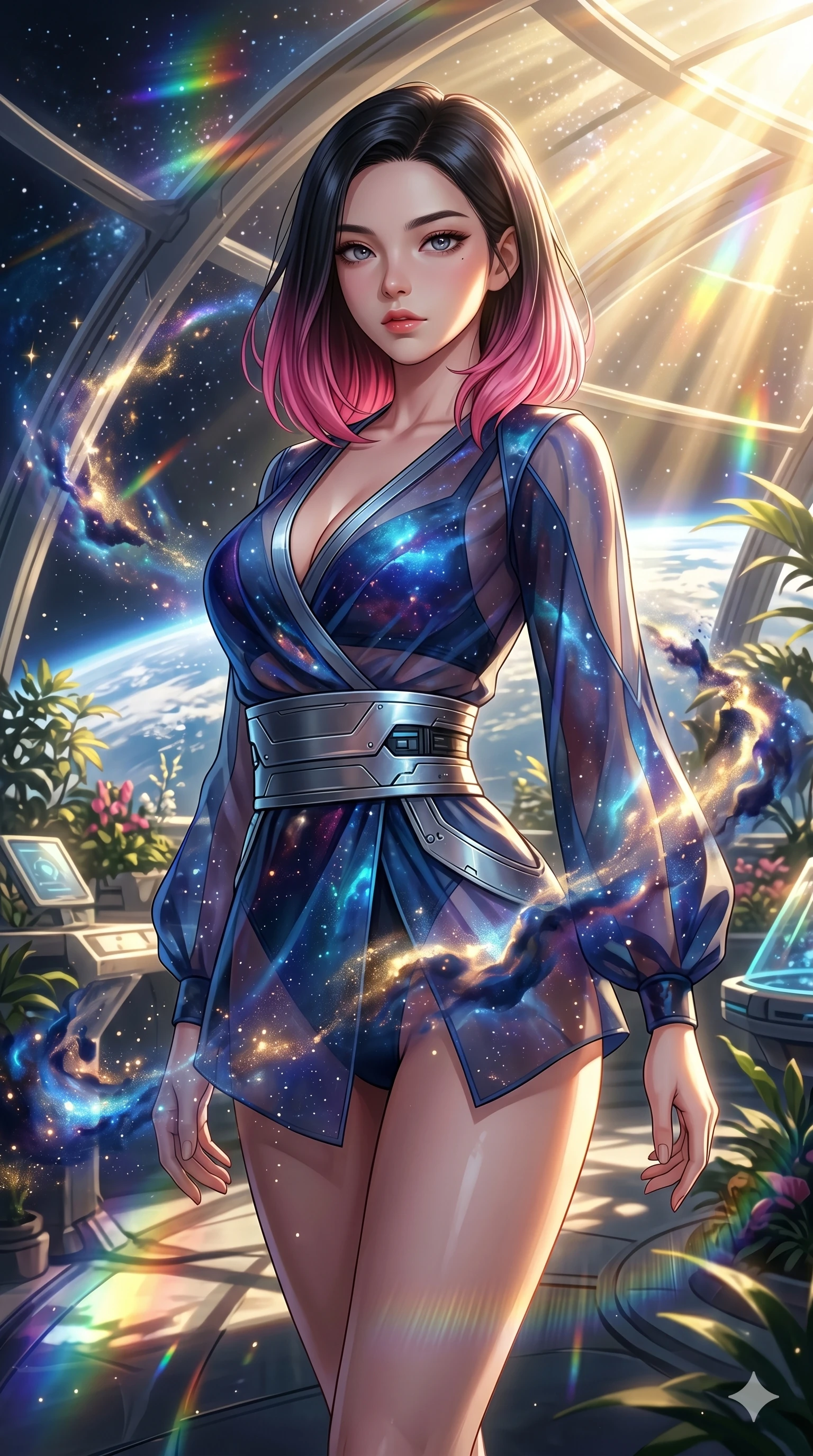 score_9, masterpiece, best quality, ultra-detailed, high-budget anime keyframe, Korean woman. Upper body close-up from the thighs up, character filling the screen for maximum presence. She is arching her back gracefully as glowing cosmic stardust and floating nebulae swirl around her inside a sunlit orbital conservatory. She looks toward the camera with a captivating, bedroom gaze. She has an absolutely perfect 8-heads proportion, an exceptionally tall and slender female figure with impossibly long slender legs and an ultra-slim waist. V-shaped jawline, high-bridge nose, intricate jewel-like eyes with depth, thick eyelashes, glossy lips with a natural sheen. She is wearing a shortened cyber-fusion wrap top with transparent chiffon panels, a deep crossover neckline, and a high-waisted metallic sash that accentuates her ultra-slim waist. The scene is bathed in brilliant, high-contrast golden solar rays and refracting rainbow lens flares. 2k, ultra detail, master piece, 9:16 ratio