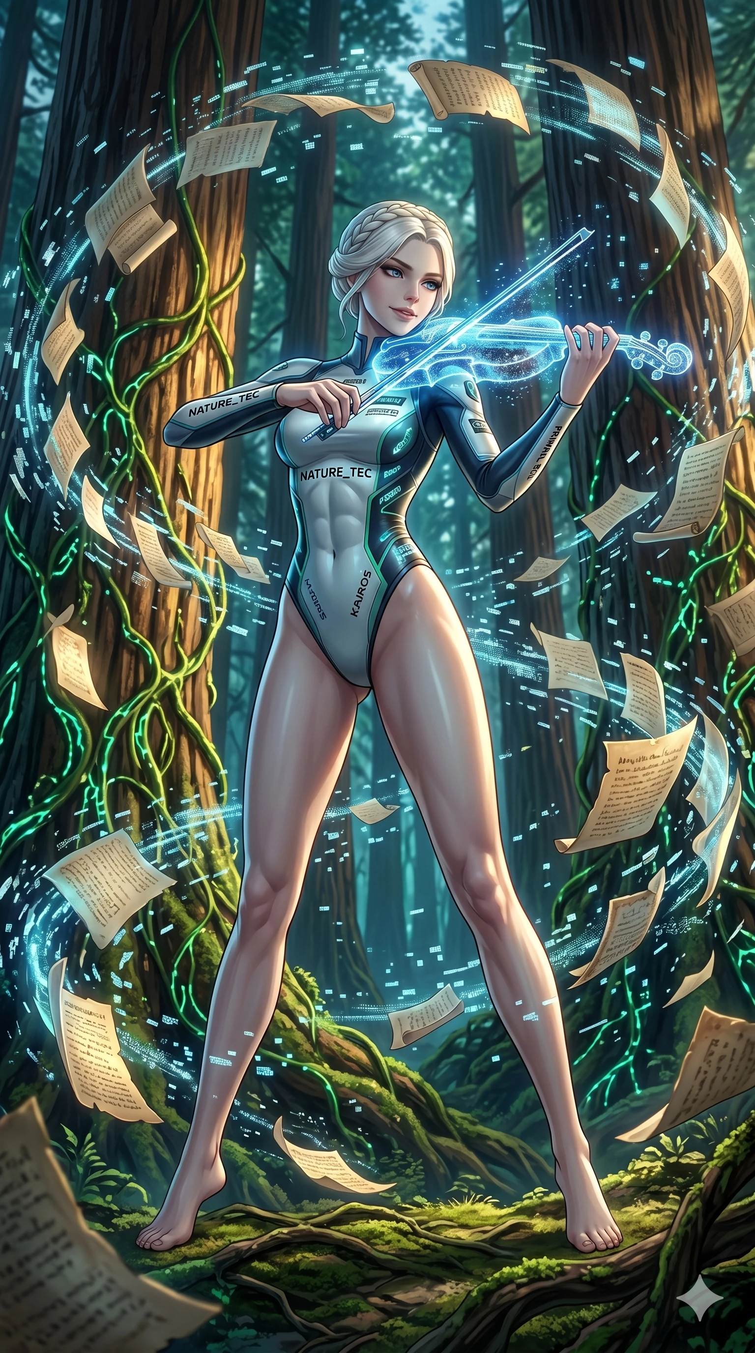 score_9, masterpiece, best quality, ultra-detailed, Set A: High-budget Anime Keyframe, Korean woman. Low angle cowboy shot filling the entire 9:16 frame with her statuesque presence. Theme: Primal Nature. playing a holographic violin in a giant redwood forest with glowing vines, surrounded by a whirlwind of 203 floating ancient scrolls. The atmosphere is filled with a blizzard of digital pixels. She has an absolutely perfect 8-heads proportion, an exceptionally tall and slender female figure with impossibly long slender legs and an ultra-slim waist. Sharp v-shaped jawline, high-bridge nose, intricate jewel-like eyes with depth, glossy lips. Wearing High-cut racing bodysuit with glowing sponsor-logos and sleek aerodynamic lines. Cinematic lighting, vivid colors, dramatic shadows, 2k, ultra detail, master piece, 9:16 ratio