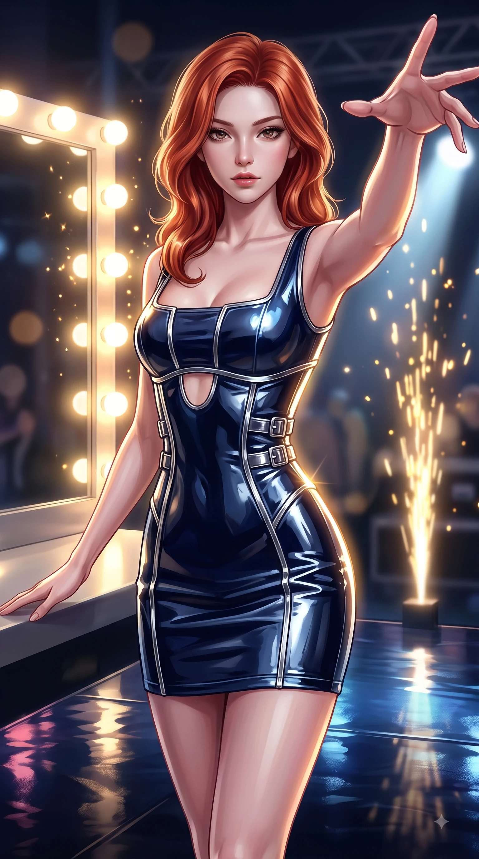score_9, masterpiece, best quality, ultra-detailed, high-budget anime keyframe, editorial fashion photography, tasteful artistic composition, Caucasian woman. close-up cowboy shot from the waist and thighs up, the character dominates the composition, filling the frame with her large presence, background elements kept in soft focus. Reaching one arm gracefully toward the camera with magnetic poise, displaying her statuesque silhouette while resting near a glowing vanity mirror backstage as stage lights trace her contoured waist, shiny dark stage surface reflecting every concert light beam vividly. She has an exceptionally elegant, slender, and willowy female figure with an ultra-slim waist, a gracefully sculpted slender torso, and a refined silhouette. sharp v-shaped jawline, high-bridge nose, intricate jewel-like eyes with depth, thick eyelashes, glossy lips with a natural sheen, flawlessly proportioned anatomical accuracy, natural body alignment, perfectly sculpted elegant limbs, clean dynamic posture without body distortion. wearing a liquid mercury gloss mini dress with ultra-deep V-neck and waist cutouts in midnight navy blue and chrome trim, tailored from high-gloss patent leather, detailed with polished silver buckles along the waistline, the sleek second-skin texture accentuating her magnetic presence. illuminated by golden spark explosions and high-contrast concert lighting. ultra-reflective glossy finish, specular highlights, metallic sheen, high-contrast stereoscopic depth, volumetric dynamic lighting, 2k, ultra detail, master piece, 9:16 ratio