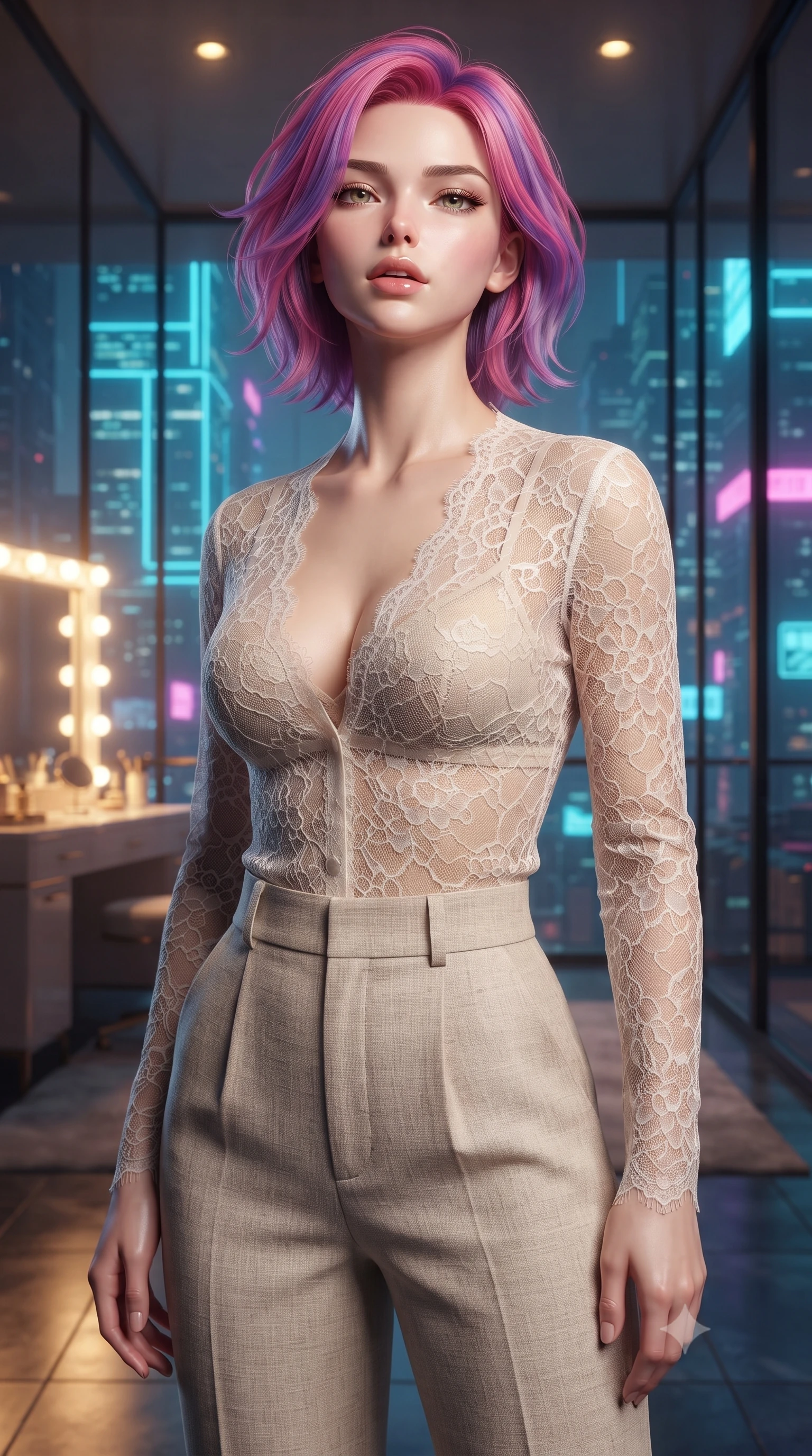 score_9, masterpiece, best quality, ultra-detailed, high-budget anime keyframe, editorial fashion photography, tasteful artistic composition, Caucasian woman. close-up cowboy shot from the waist and thighs up, the character dominates the composition, filling the frame with her large presence, background elements kept in soft focus. tilting her chin up slightly with lips parted in a composed, provocative expression the background shows a soft-focus a private penthouse dressing suite with floor-to-ceiling glass looking over neon towers. She has an exceptionally elegant, slender, and willowy female figure with an ultra-slim waist, a gracefully sculpted slender torso, and a refined silhouette. sharp v-shaped jawline, high-bridge nose, intricate jewel-like eyes with depth, thick eyelashes, glossy lips with a natural sheen. wearing a form-contouring sheer lace blouse in ivory white, worn over a simple beige bralette and high-waisted linen trousers. warm interior vanity light contrasting with the neon blue city grid outside. ultra-reflective glossy finish, specular highlights, metallic sheen, high-contrast stereoscopic depth, volumetric dynamic lighting, 2k, ultra detail, master piece, 9:16 ratio