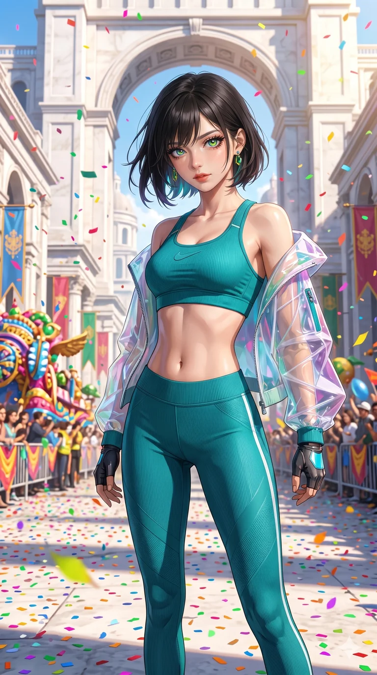 첨부의 캐릭터를 고정하여 얼굴과 몸매만 유지, score_9, masterpiece, best quality, ultra-detailed, Set A: Photorealistic 8k CG, Japanese woman. Low angle cowboy shot filling the entire 9:16 frame with her statuesque presence. Standing in a rain of colorful confetti on a grand parade in a white marble city. She has an absolutely perfect 8-heads proportion, an exceptionally tall and slender female figure with elegant long slender legs and an slender waist. Sharp v-shaped jawline, high-bridge nose, intricate jewel-like eyes with depth, thick eyelashes, glossy lips. Wearing a Premium Athleisure outfit: ribbed sports bra and leggings with a sheer windbreaker. Background is a bright and colorful city street with vibrant decorations and bright sunlight. 2k, ultra detail, master piece, 9:16 ratio