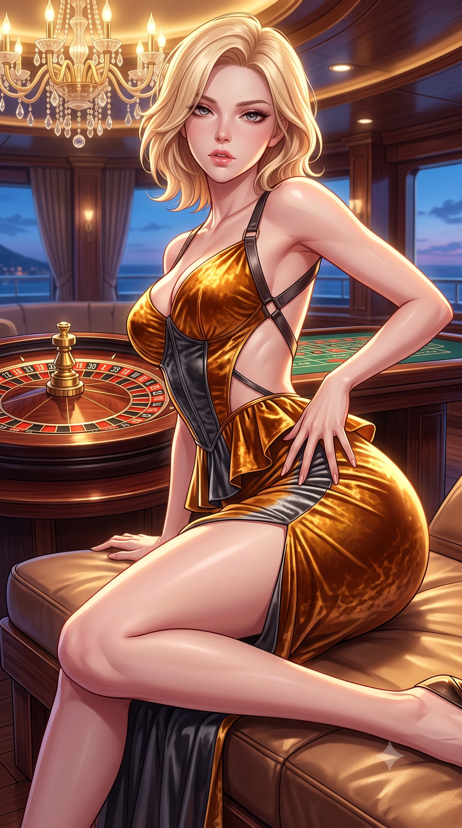 score_9, masterpiece, best quality, ultra-detailed, high-budget anime keyframe, semi-realistic 3D game render, editorial fashion photography, tasteful artistic composition, Caucasian woman. close-up cowboy shot from the waist and thighs up, the character dominates the composition, filling the frame with her large presence. arching her spine backward with effortless dancer poise, one hand sliding along her hip line as directional light carves specular highlights along her silhouette while lounging languidly across an outdoor leather yacht lounger, one leg extended and torso propped on one elbow to accentuate her sweeping hip line. The surrounding environment is rendered in vivid detail and crisp panoramic clarity. sharp roulette wheel brass numerals, polished mahogany wood grain, and crystal glass facets in deep focus. She has an exceptionally elegant, slender, and willowy female figure with an ultra-slim waist, a gracefully sculpted slender torso, toned flat midriff, and rounded feminine hips creating an alluring hourglass silhouette. sharp v-shaped jawline, high-bridge nose, intricate jewel-like eyes with depth, thick eyelashes, glossy parted lips with a natural sheen, intensely captivating and seductive bedroom-eyes expression, flawlessly proportioned anatomical accuracy, strict slender model proportions, natural body alignment, perfectly sculpted long slender limbs, ultra-slim waistline, clean dynamic posture without body distortion. wearing a modern peplum corset dress with side-waist diamond cutouts and an ultra-tight silhouette in molten amber-gold and dark gunmetal, crafted from heavyweight crushed silk velvet with liquid luster, featuring an open-back criss-cross harness strap in dark leather, the second-skin form-contouring cut accentuating her sculpted flat midriff, narrow waistline, and dramatically curvy hips without adding bulk. bathed in opulent golden casino chandelier light and cool Mediterranean twilight ambient fill. highly saturated vibrant anime colors, detailed shading with soft gradients, rich glossy textures, high-contrast stereoscopic depth, volumetric dynamic lighting, master piece, 9:16 ratio